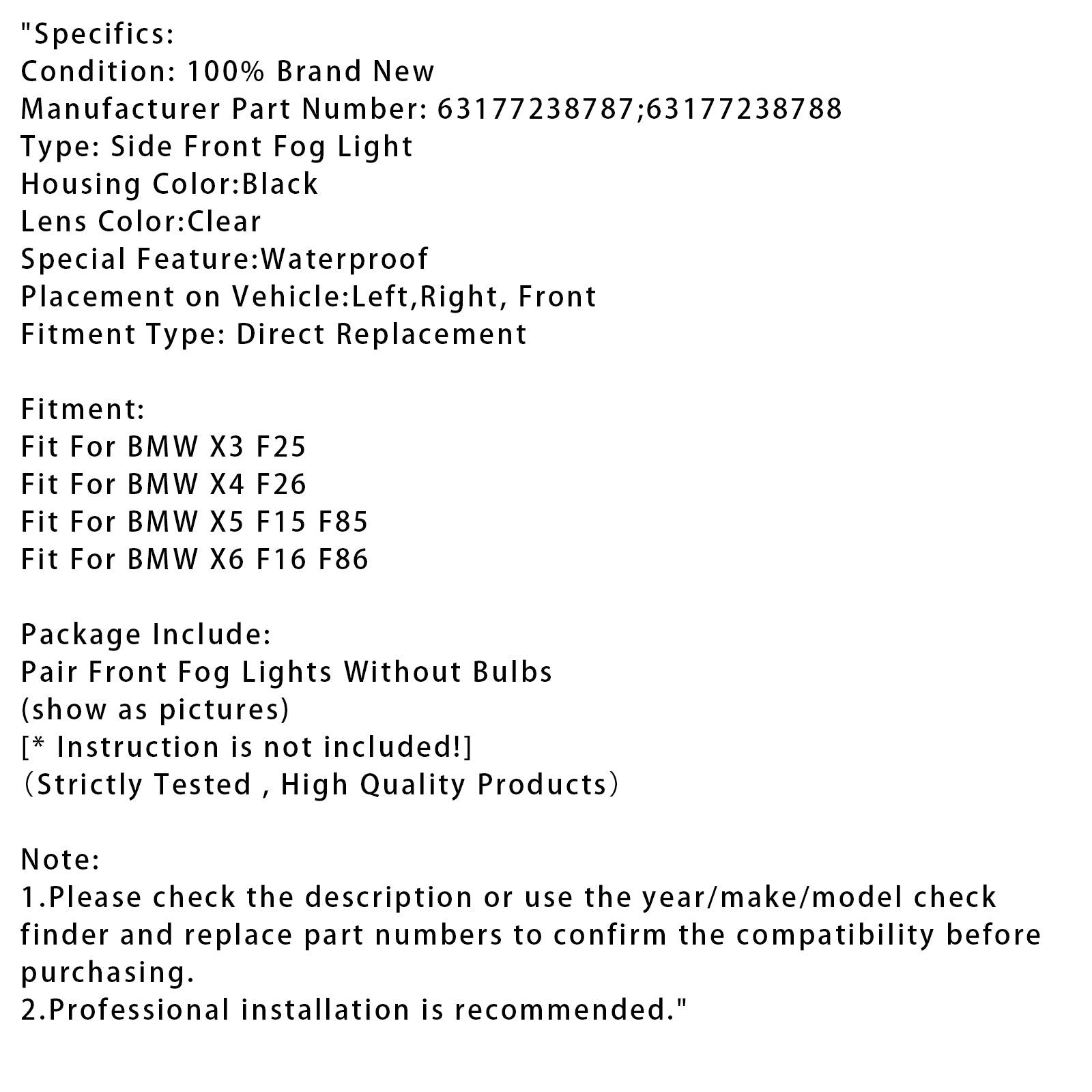 Paire des lampes légères du brouillard avant sans ampoules pour BMW x3 x4 x5 x6 63177238787