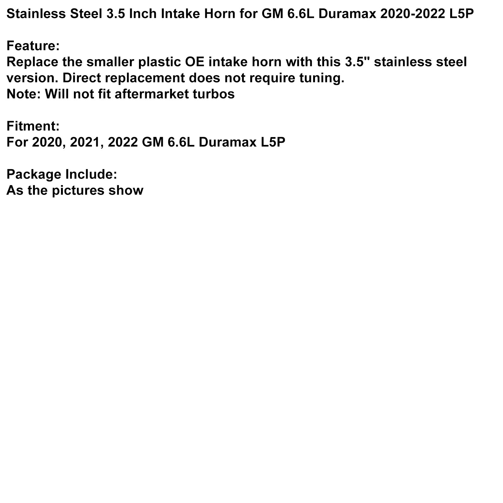 2020-2022 GM 6.6L Duramax L5P Aço inoxidável de 3,5 polegadas Horn