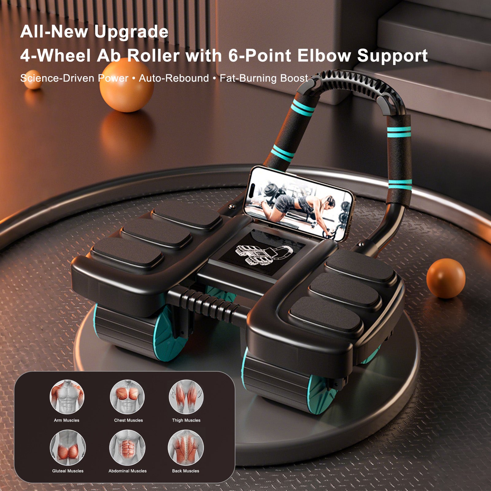 Automatic Rebound Ab Wheel with Elbow Support & 4-Wheel Stability – Includes Timer Perfect Core Trainer for Men & Women Portable Home Gym Equipment Black