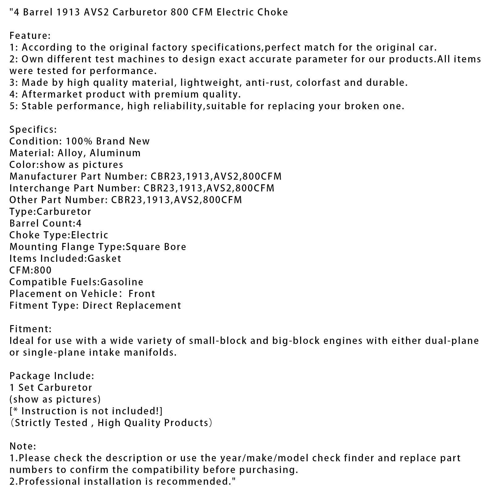 4 Barrel 1913 AVS2 Carburetor 800 CFM Electric Choke CBR23 1913 AVS2 800CFM