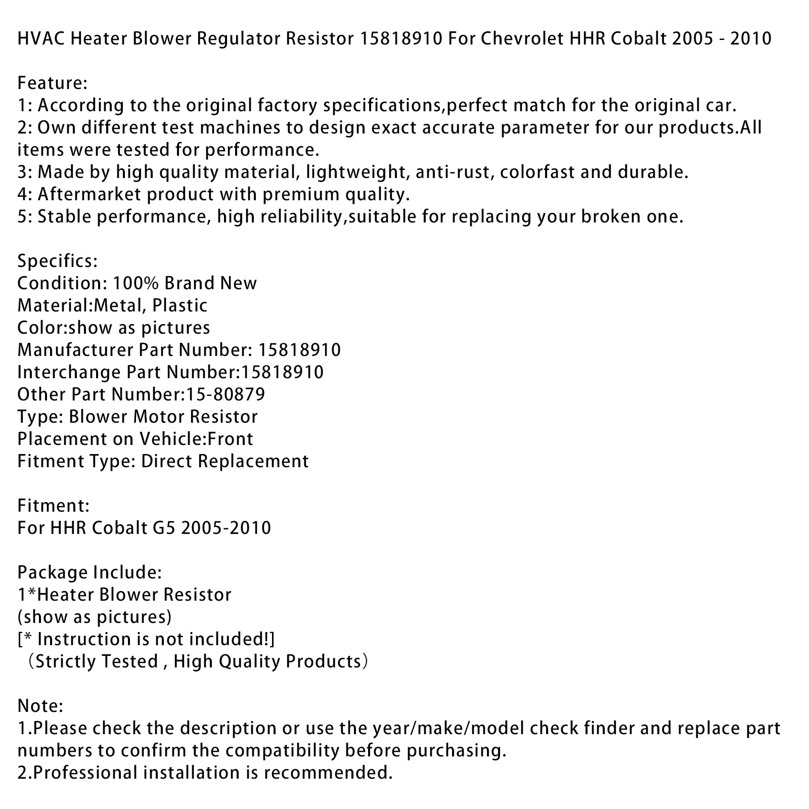2005-2010 Chevrolet HHR Cobalt HVAC Heater Blower Regulator Resistor 15818910