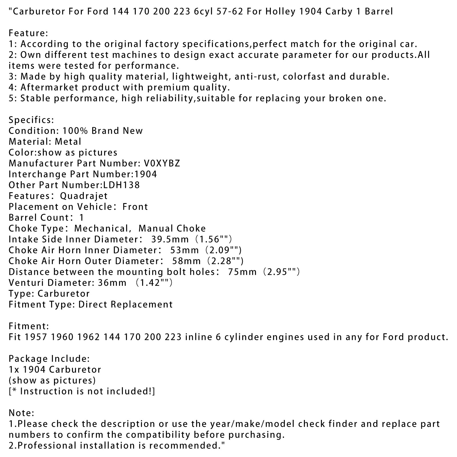 Karburátor pre Ford 144 170 200 200 223 6cy 57-62 pre Holley 1904 Carby 1 Barrel