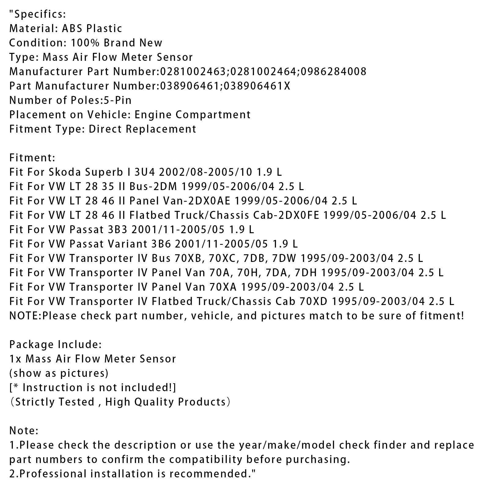 Sensor do medidor de fluxo de ar de massa para VW Transporter IV Passat 3B Soberbo I 0281002463