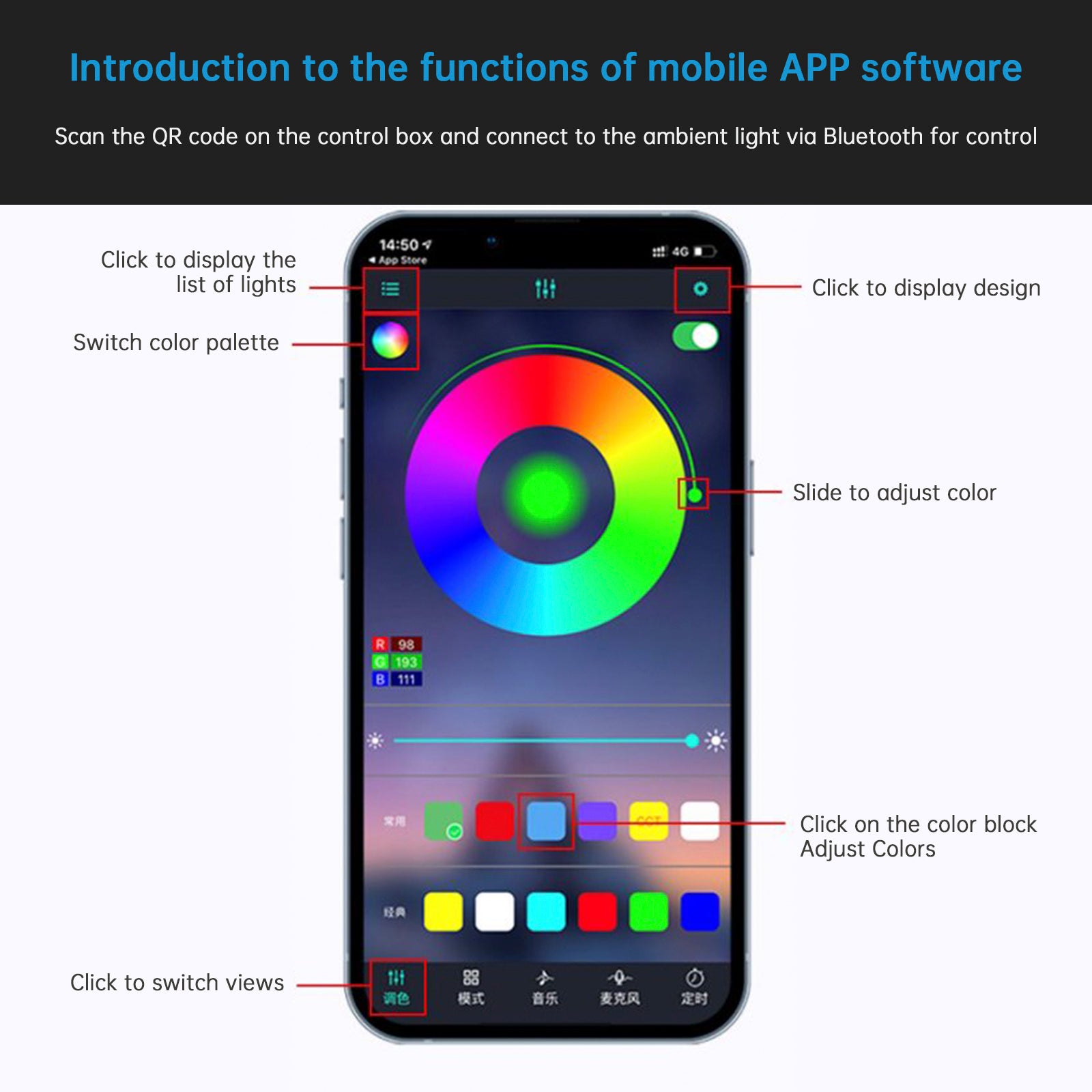 Centrale bediening Ambient Interior Kleurrijk LED vloeiend decoratief licht 110 cm