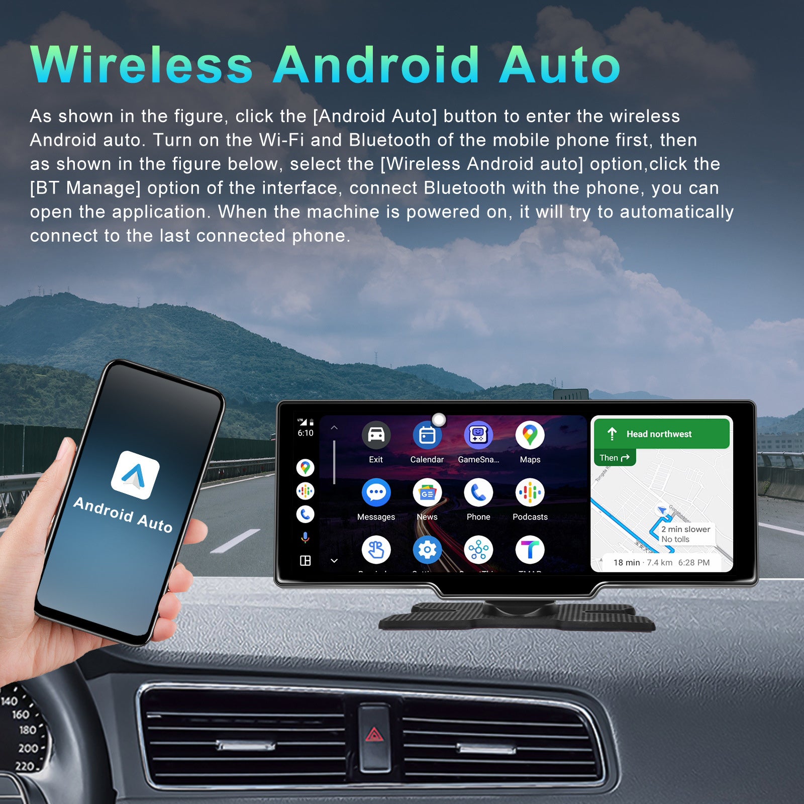 10.26" Draagbare Bluetooth-autonavigatie Draadloze CarPlay HD Groot touchscreen