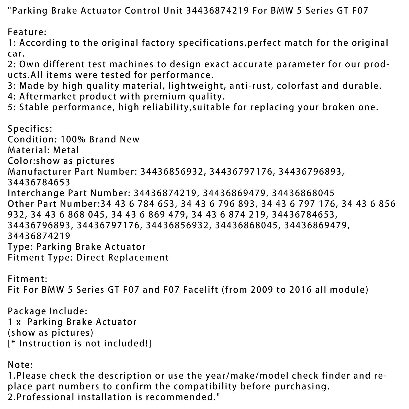 2009-2016 BMW 5-serie GT F07 en F07 Facelift parkeerremactuator regeleenheid 34436874219 34436856932