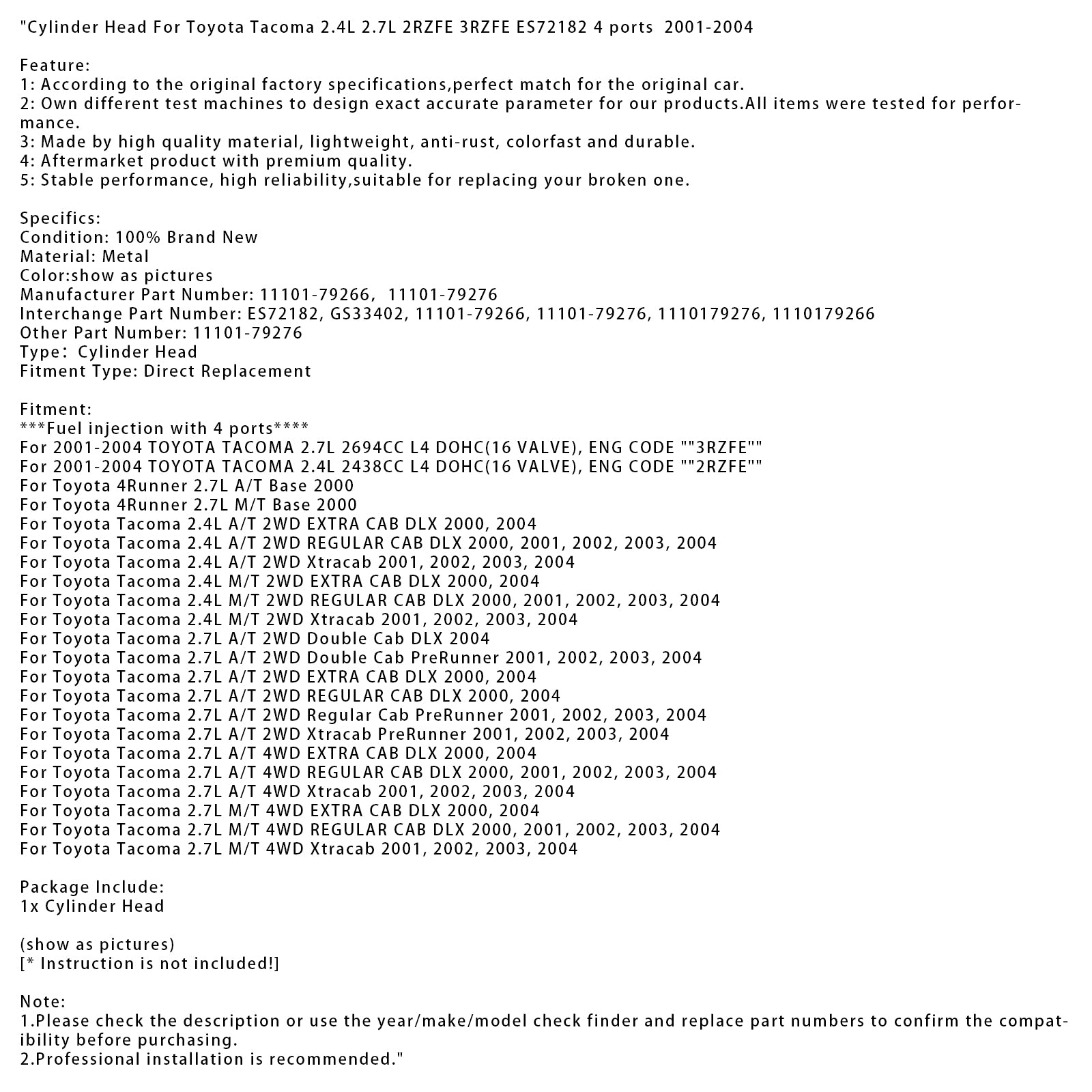 2000, 2004 Toyota Tacoma 2.7L A/T 4WD EXTRA CAB DLX Culata 11101-79266