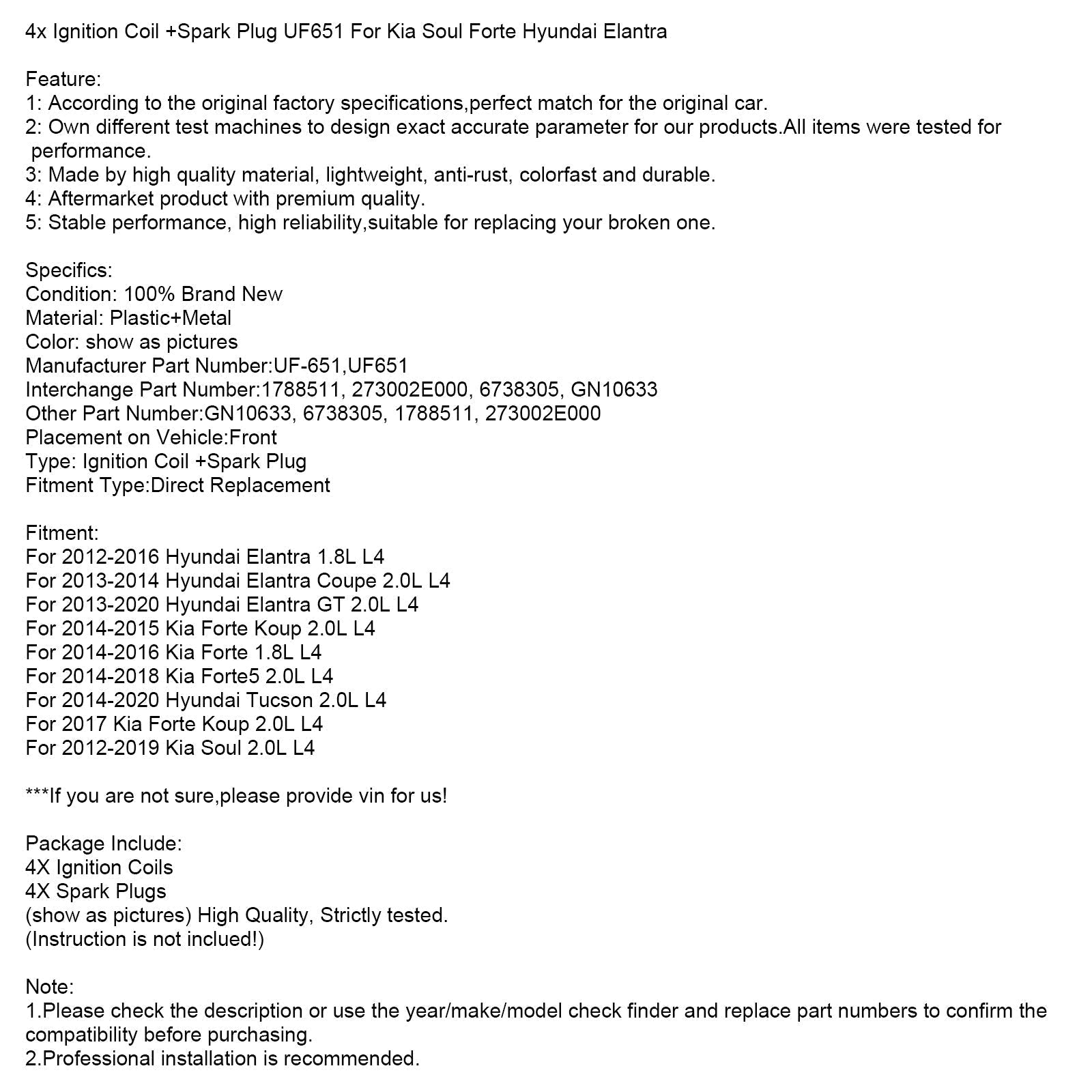 2014-2016 Kia Forte 1.8L L4 4X Bobina de ignição +vela de ignição UF651 1788511