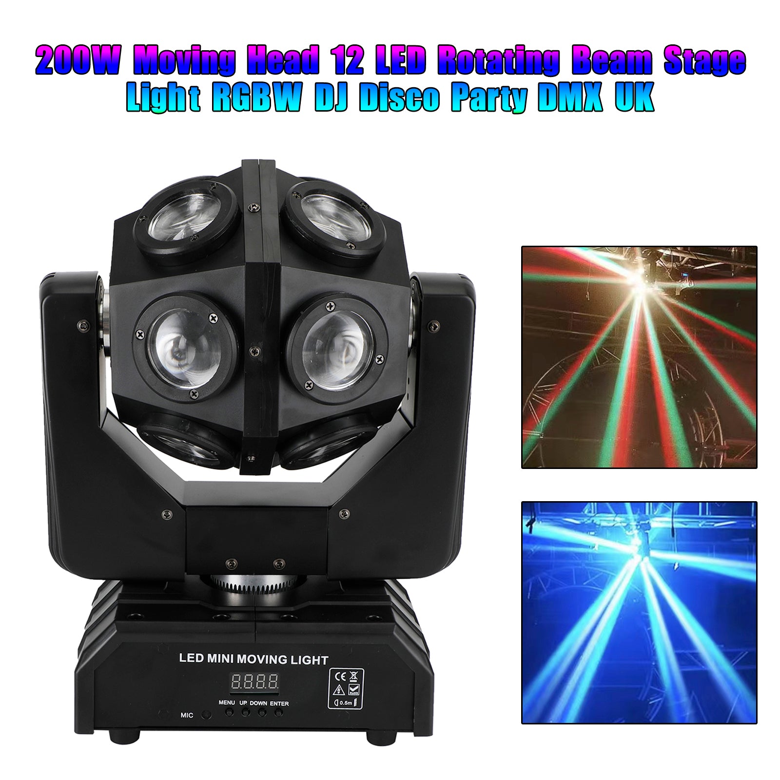 200W Moving Head 12 LED Roterande Beam Scenljus RGBW DJ Disco Party DMX UK
