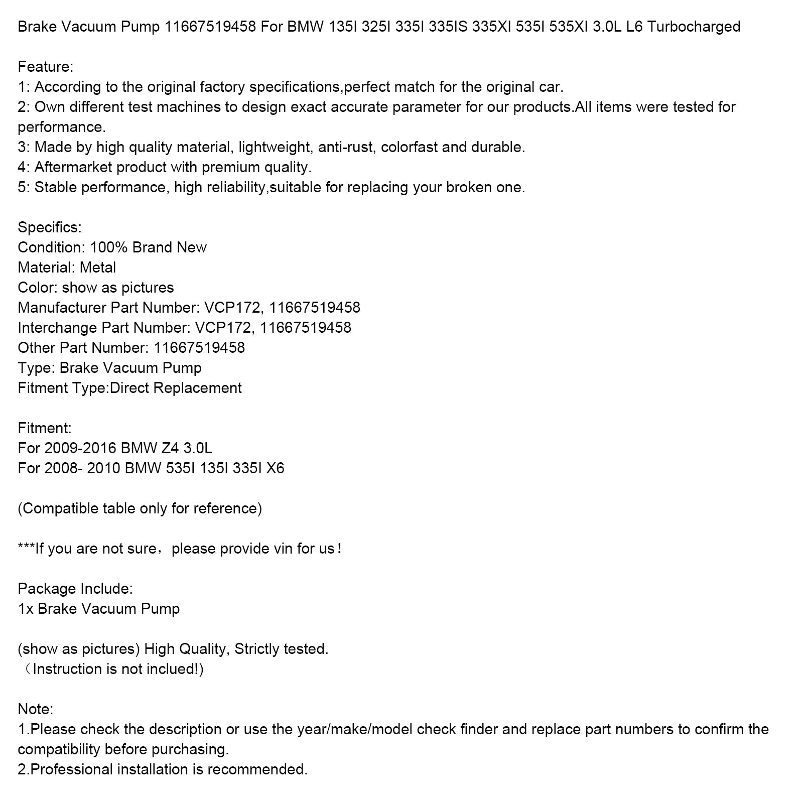 2008-2010 BMW 535I 135I 335I X6 remvacuümpomp 11667519458