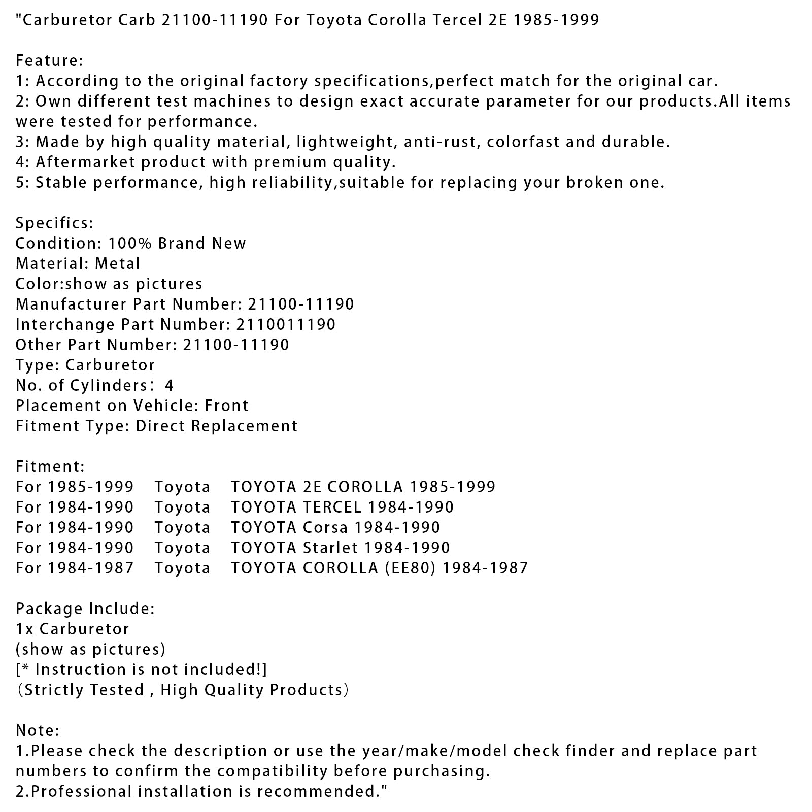 1984-1990 Toyota TOYOTA Corsa Carburetor Carb 21100-11190