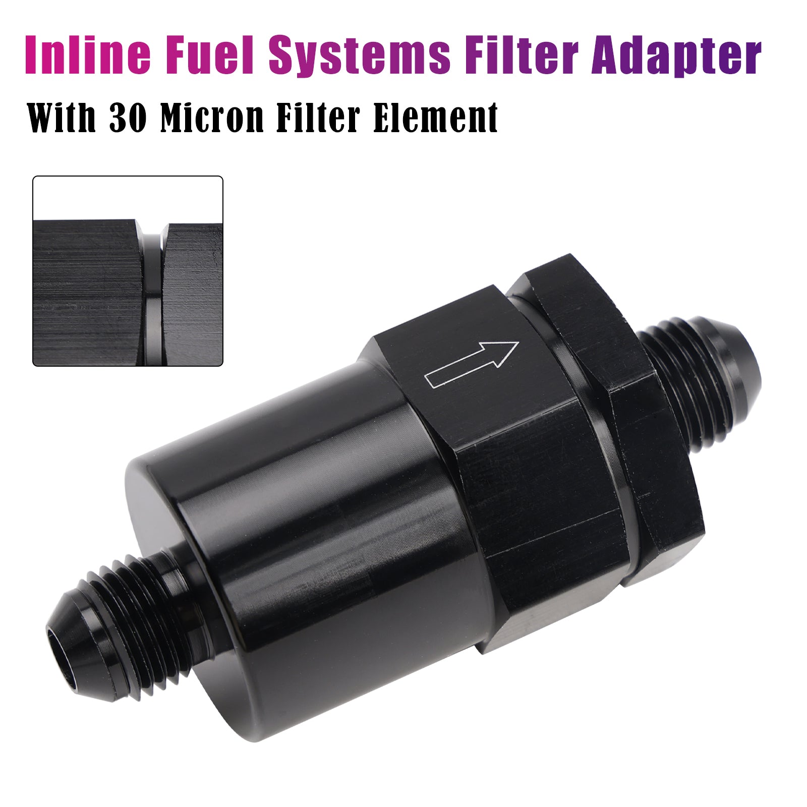 AN6 Black Inline Fuel Systems Filter Adapter With 30 Micron Filter Element