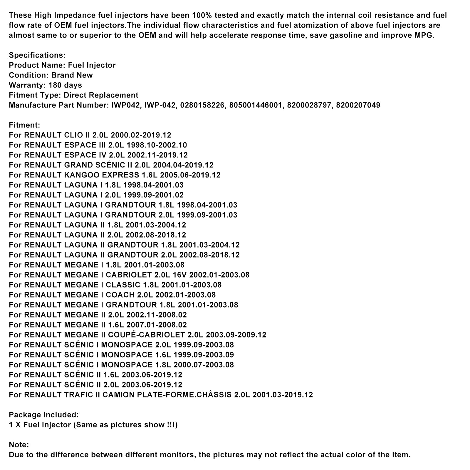 1PCS Fuel Iniector IWP042 Fit Renault Clio Espace Kangoo Laguna Megane