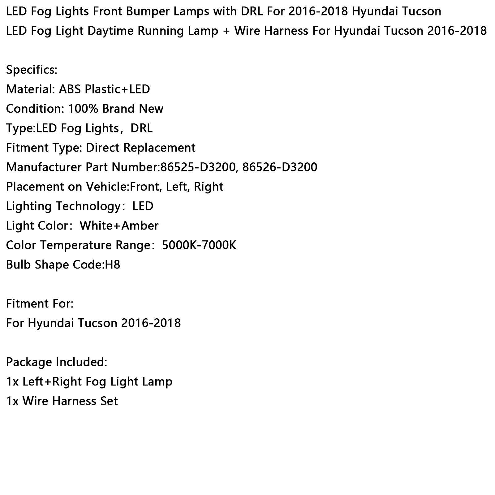 Luces antiniebla LED para Hyundai Tucson 2016-2018, luces de parachoques delantero con DRL 86525-D3200 5000K-7000K