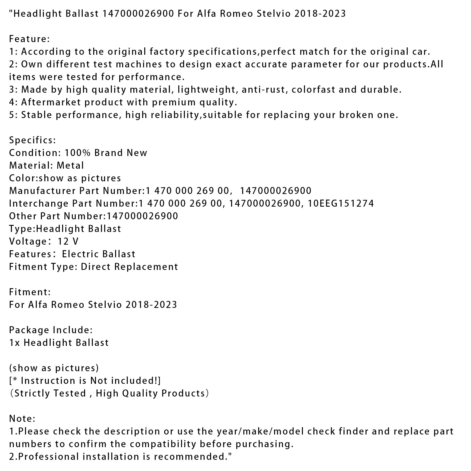 Headlight Ballast 147000026900 For Alfa Romeo Stelvio 2018-2023