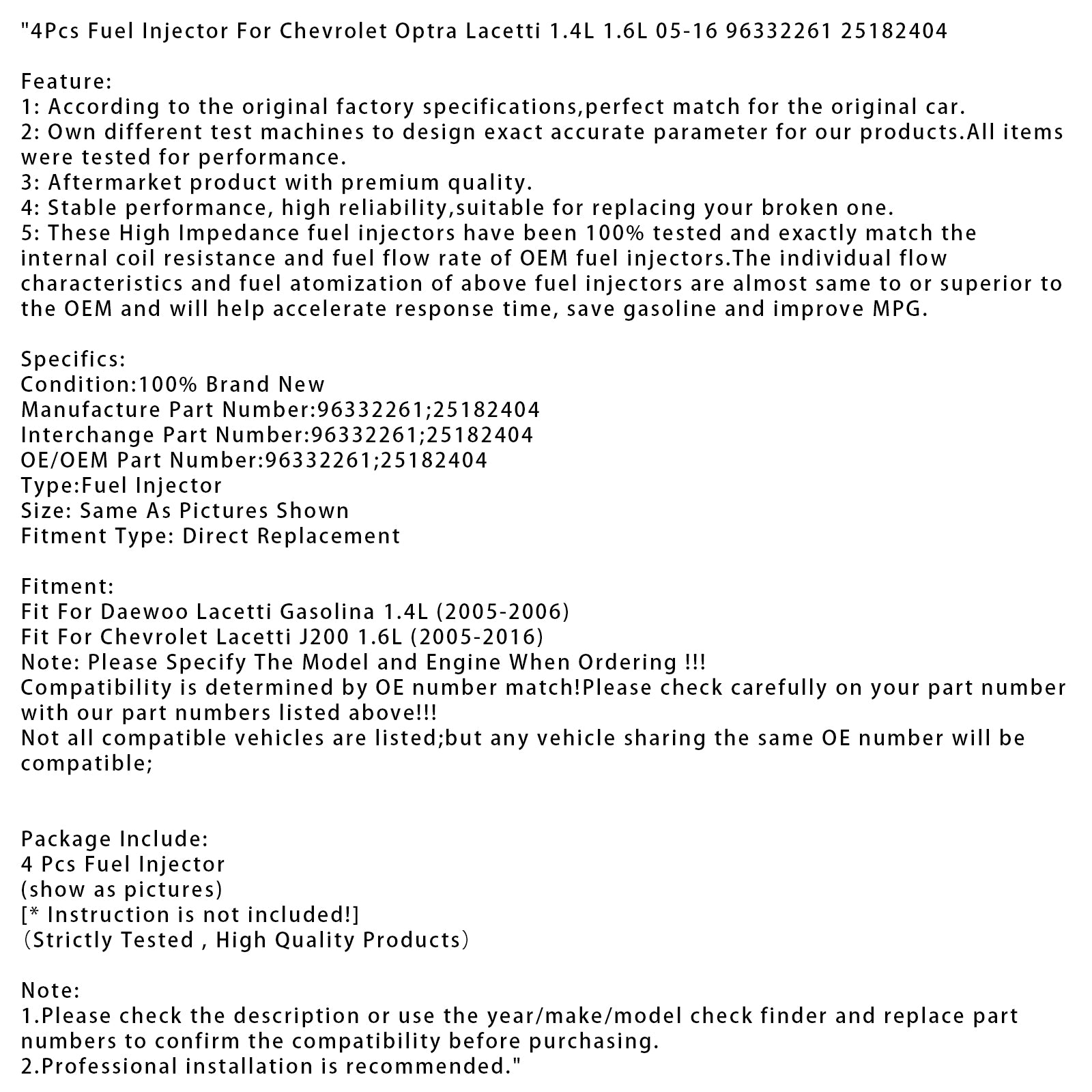 4Pcs Fuel Injector For Chevrolet Optra Lacetti 1.4L 1.6L 05-16 96332261 25182404