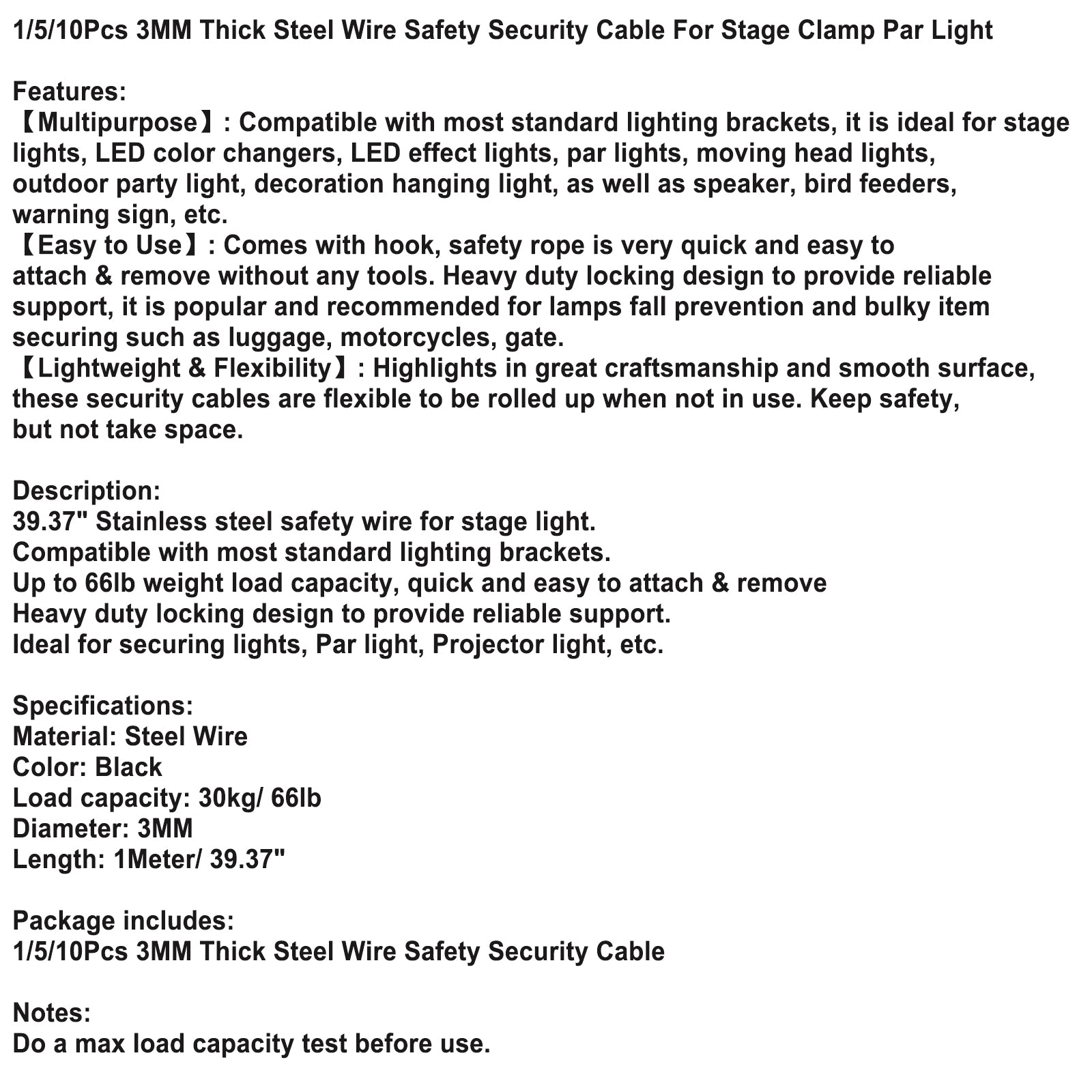 1/5/10Pcs 3MM Thick Steel Wire Safety Security Cable For Stage Clamp Par Light