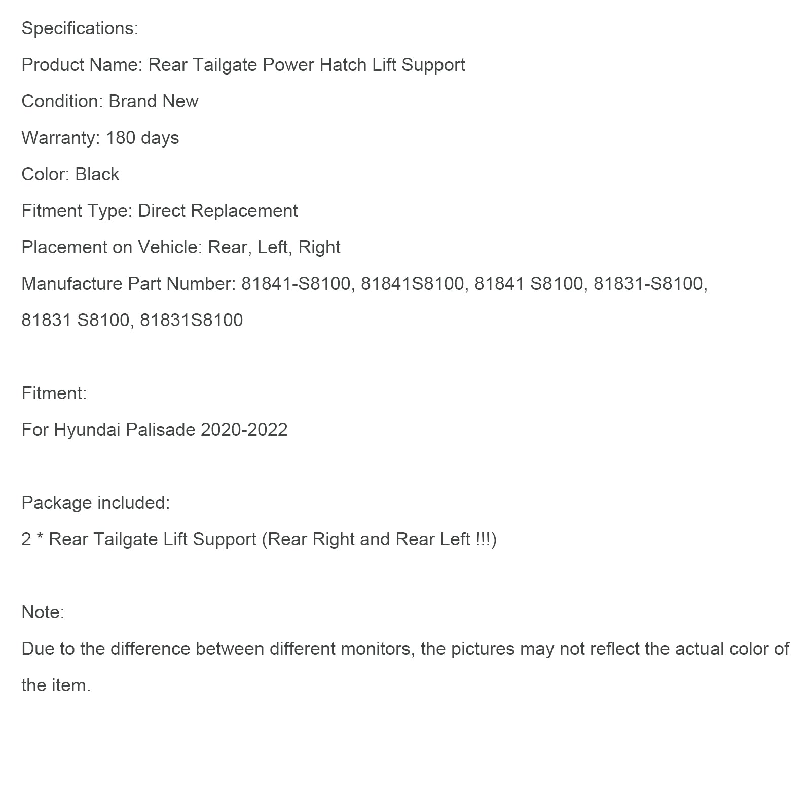 2020-2022 Hyundai Palisade 2PCS Support de levage pour hayon électrique 81831-S8100