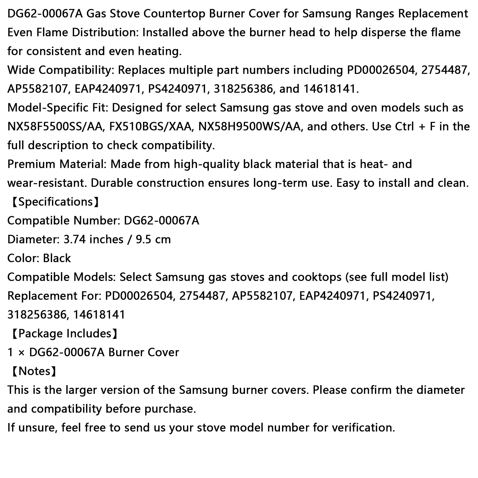 DG62-00067A Gasfornuis Aanrecht Brander Cover voor Samsung Ranges Vervanging