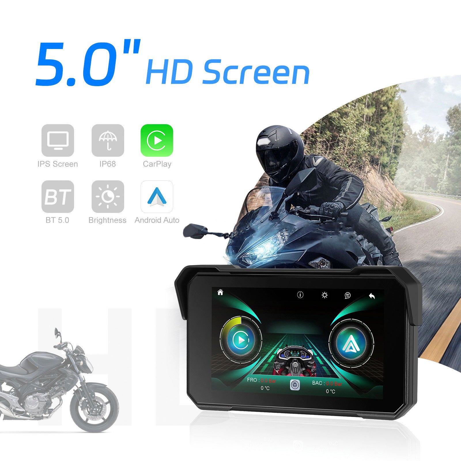 5-inch Wireless CarPlay Android Auto Navigation Waterproof for Motorcycles