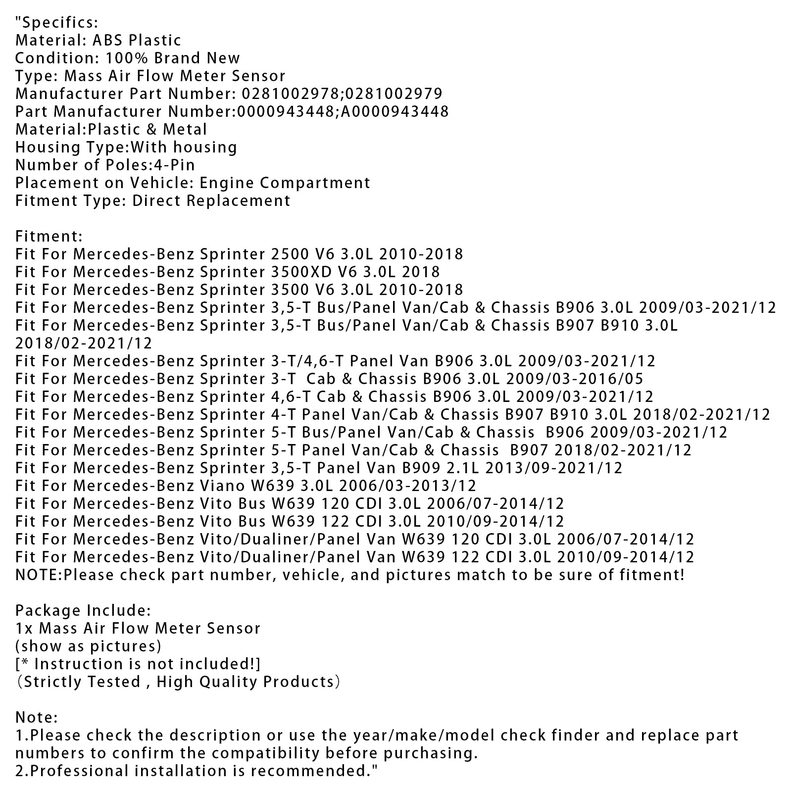 Capteur de débit d'air de masse pour Mercedes Sprinter 2500 3500 3.0L V6 0281002978