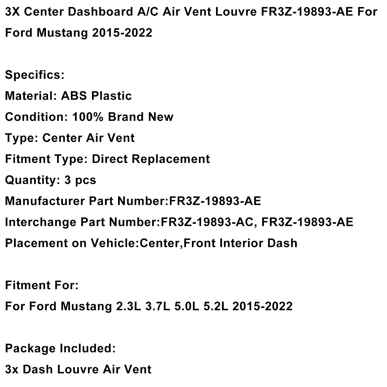 2015-2022 Ford Mustang 3X middendashboard airco ventilatierooster FR3Z-19893-AE