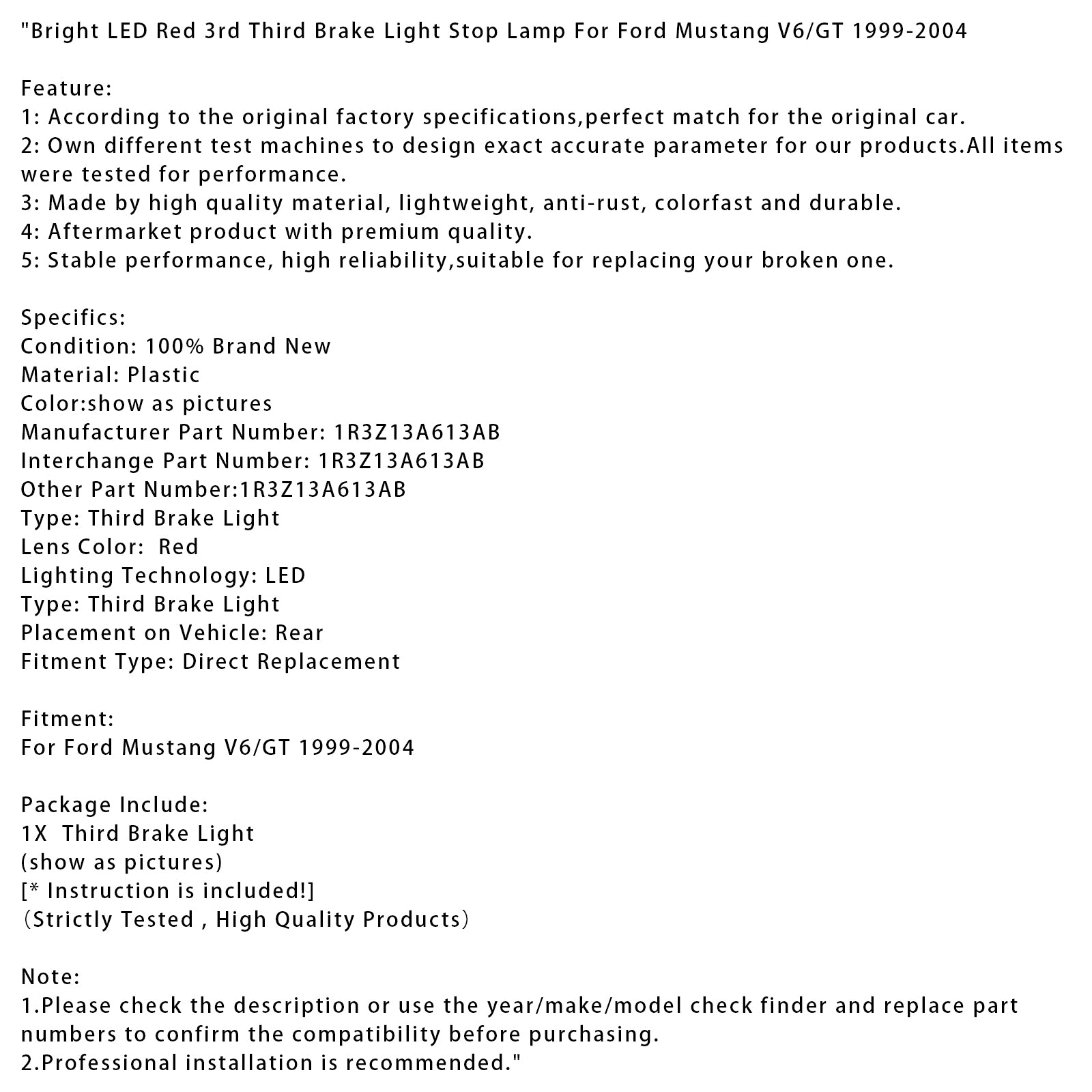 1999-2004 Ford Mustang V6/GT Bright LED červená červená 3. tretí brzdový svetlo zastavovacia žiarovka