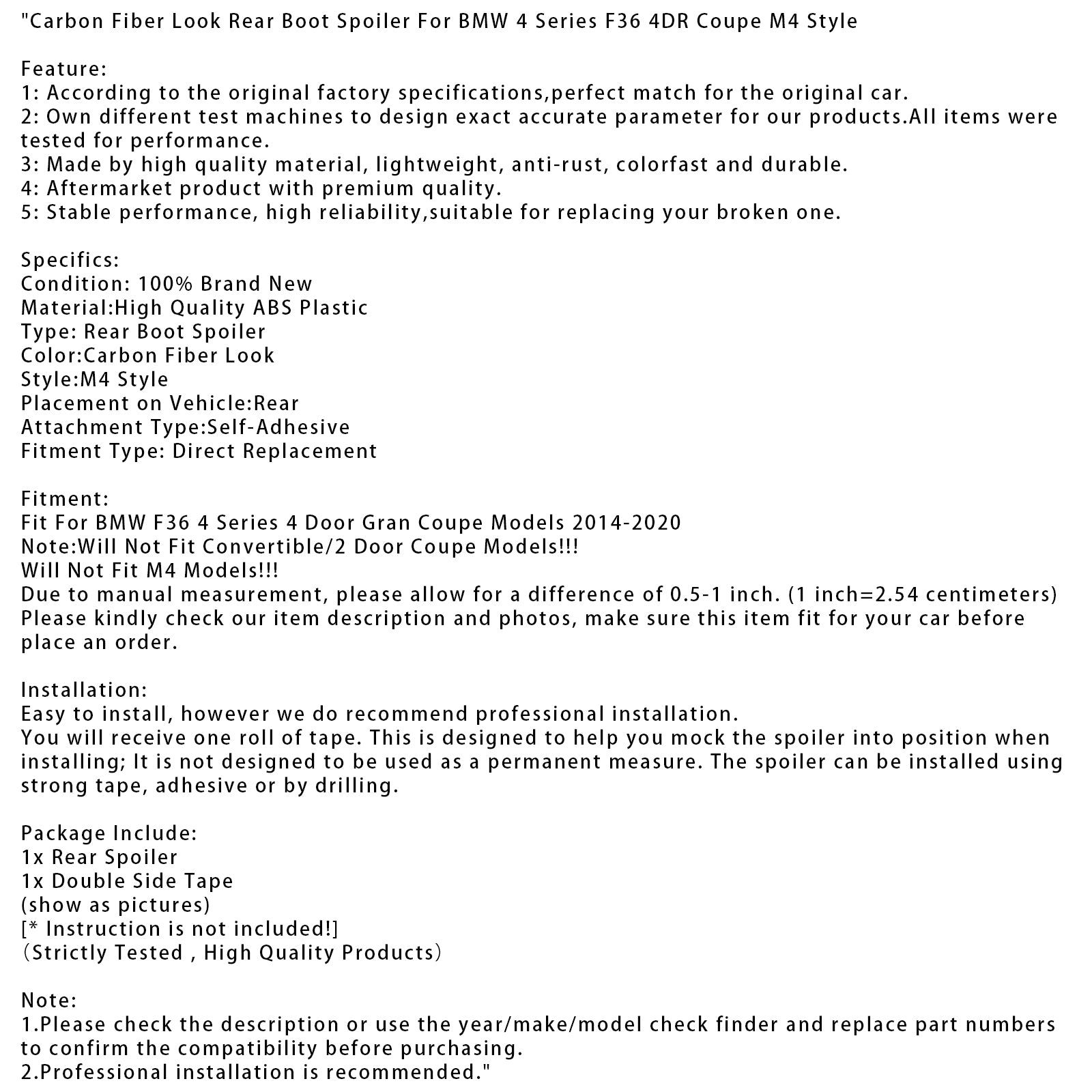 2014-2020 BMW 4 Series F36 4DR Coupe M4 Style Carbon Fiber Look Rear Boot Spoiler