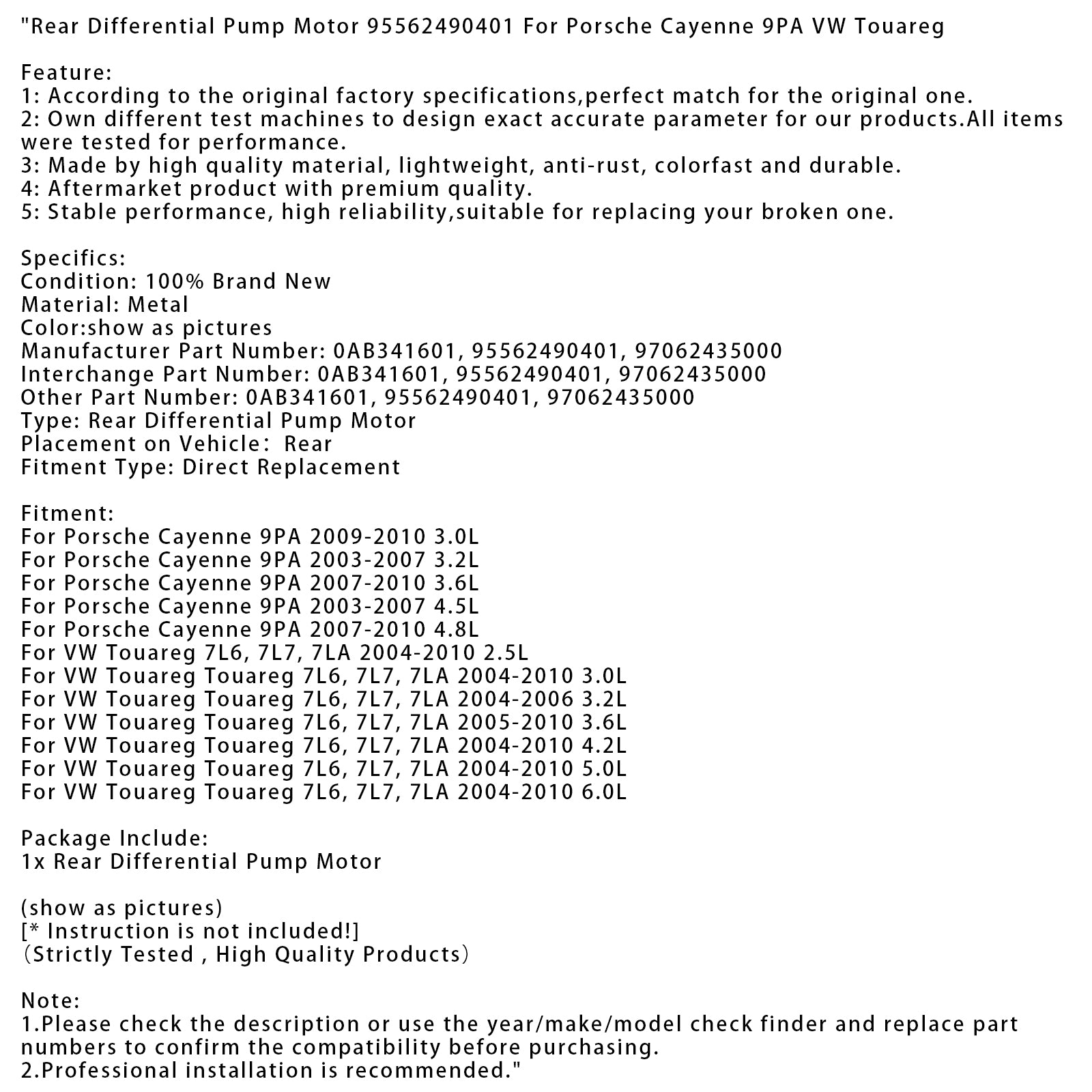 2005-2010 VW Touareg Touareg 7L6, 7L7, 7LA 3,6 l Zadné diferenciálne čerpadlo 95562490401