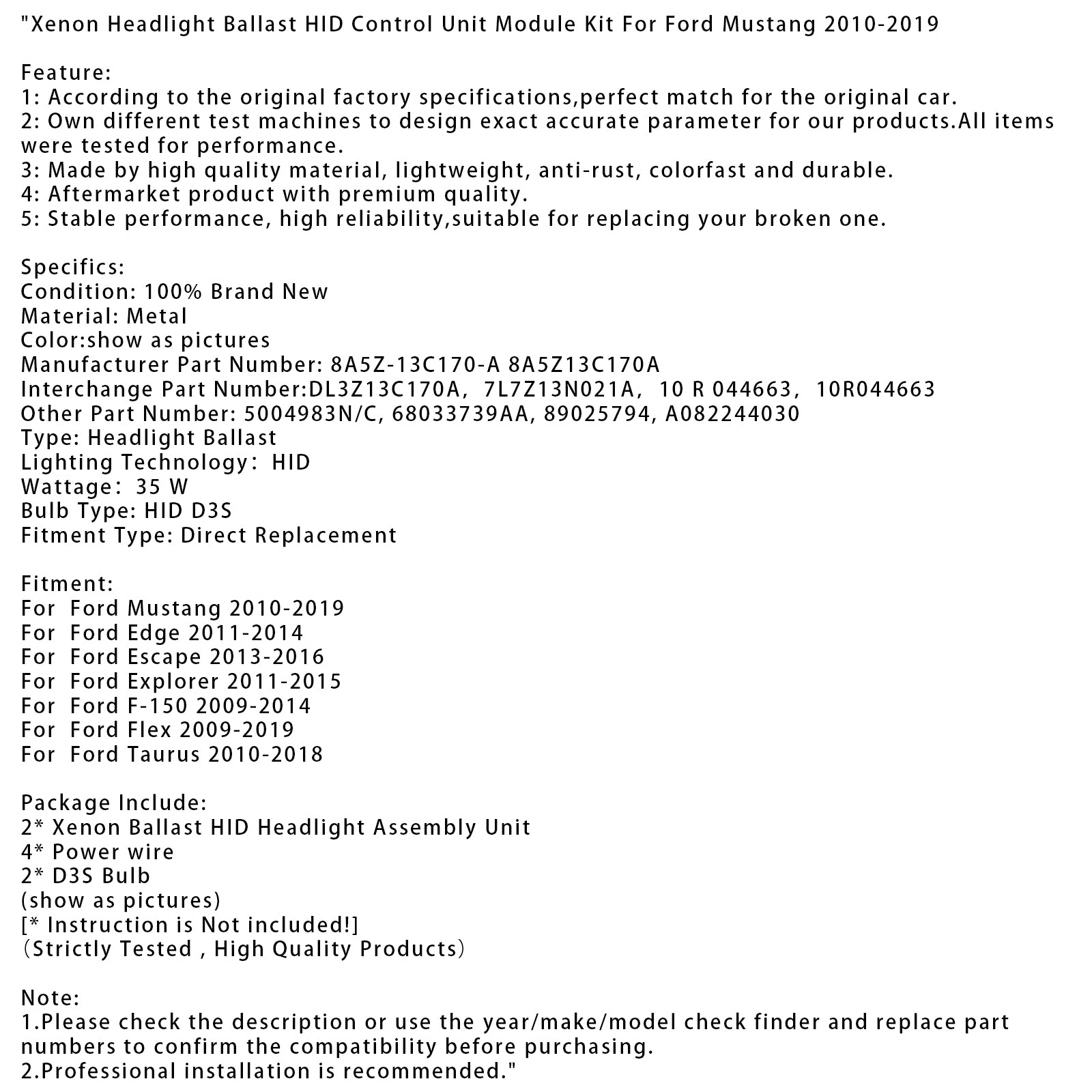 Xenon Headlight Ballast HID Control Unit Module Kit For Ford Mustang 2010-2019