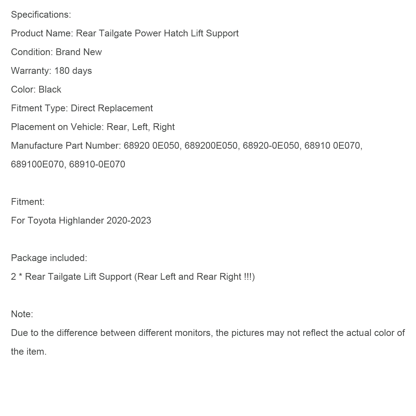 2020-2023 Toyota Highlander 2pcs Electric Tailgate Lift 68910-0E070 689200E050