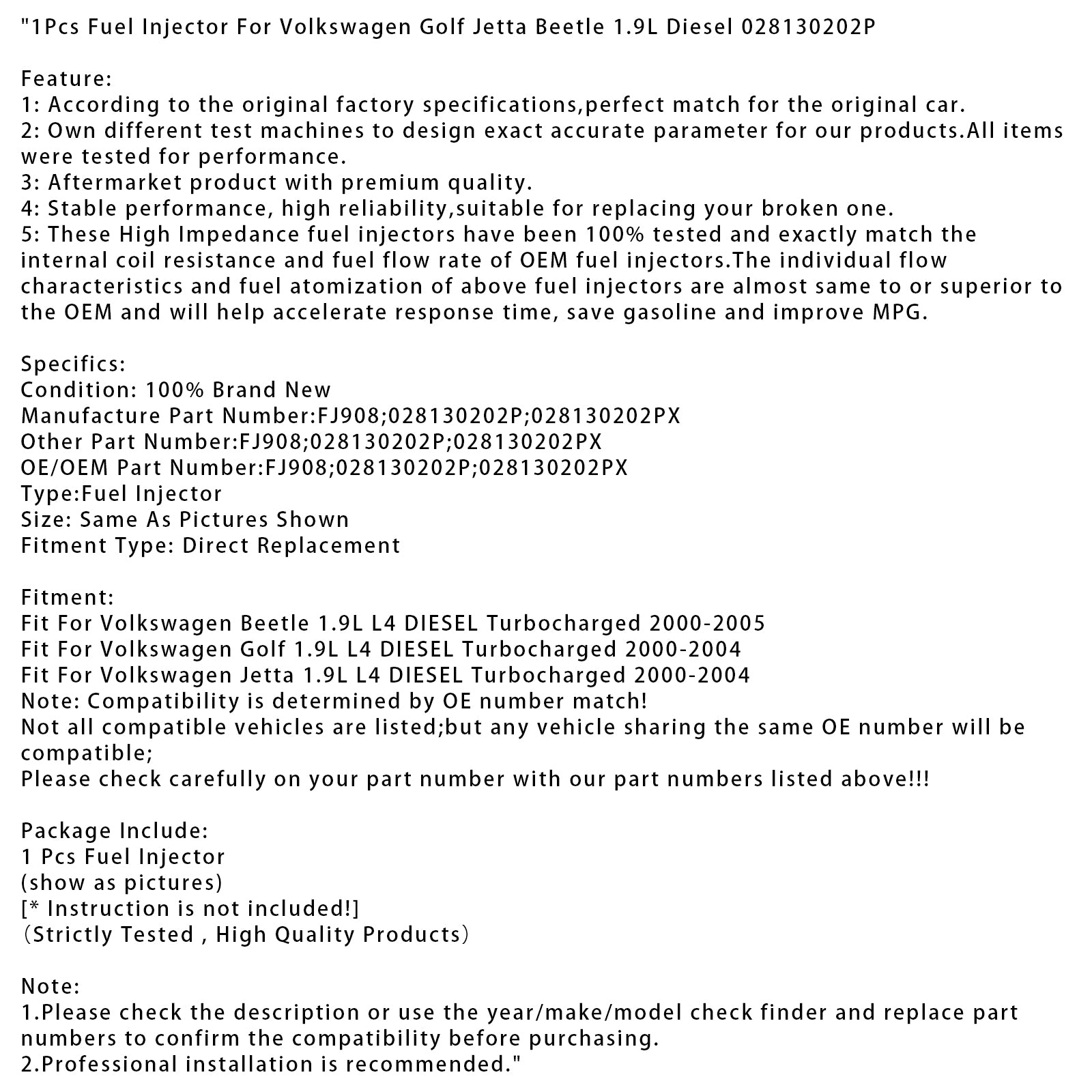 1Pcs Fuel Injector For Volkswagen Golf Jetta Beetle 1.9L Diesel 028130202P