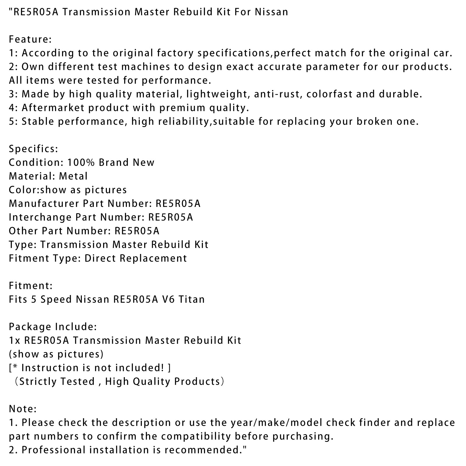 Nissan RE5R05A V6 Titan RE5R05A transmissiemaster-revisieset met 5 versnellingen