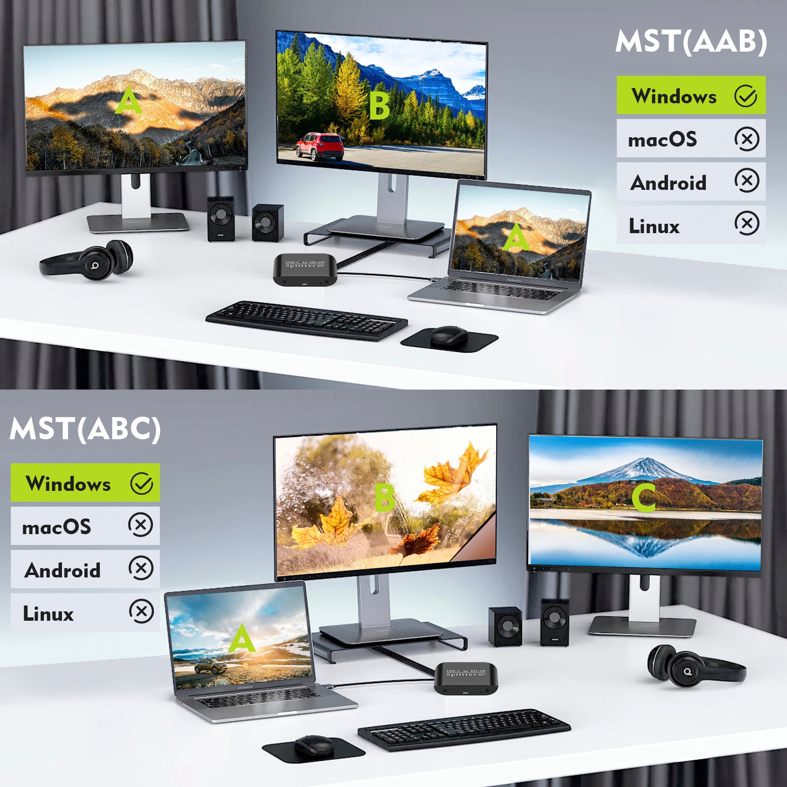 Type-C naar HDMI+DP 1x2Laptopsplitter MST Twee schermen Eén ingang Twee uitgangen