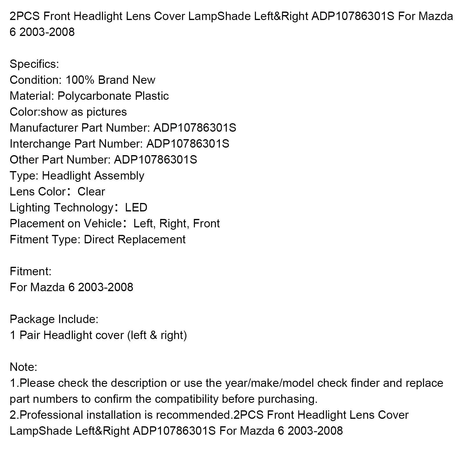 Couvercle de lentille de phare avant 2 pièces pour Mazda 6 2003-2008 L&R ADP10786301S