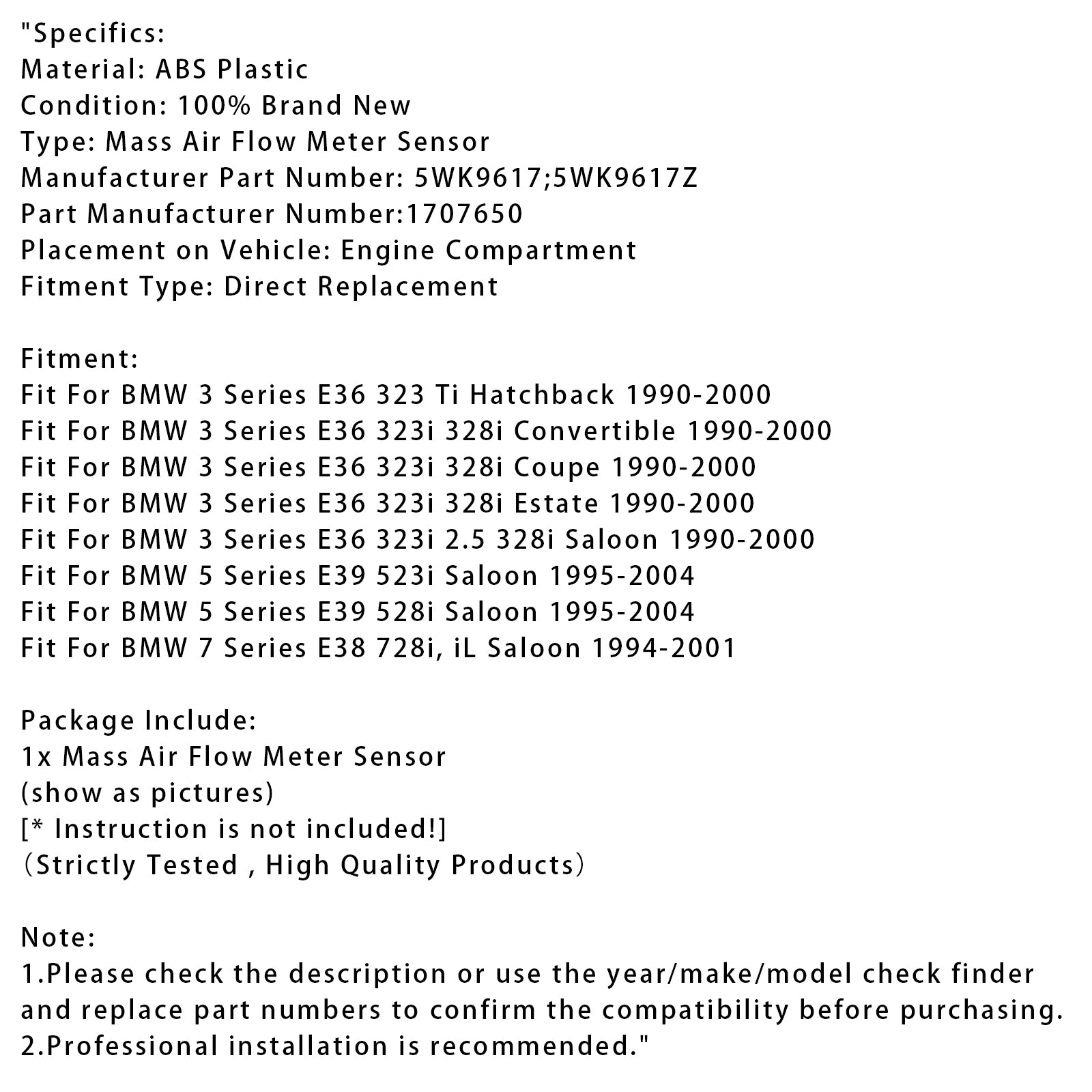 Mass Air Flow Meter Sensor For BMW E36 323i 328i E39 528i 5WK9617