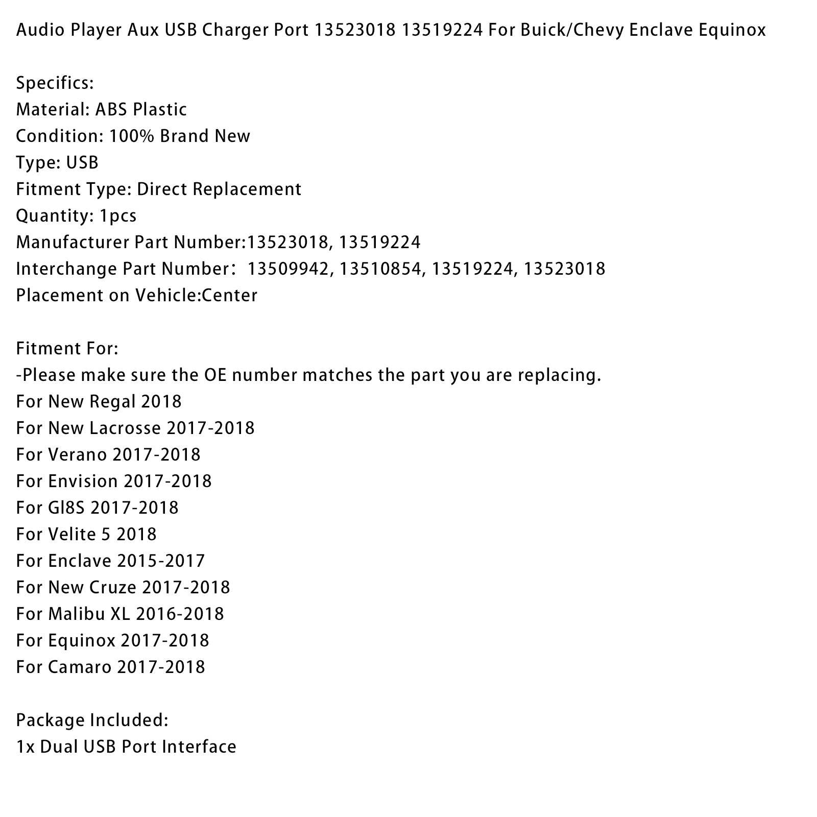 Audio Player Aux USB Charger Port 13523018 13519224 For Chevy Enclave Equinox