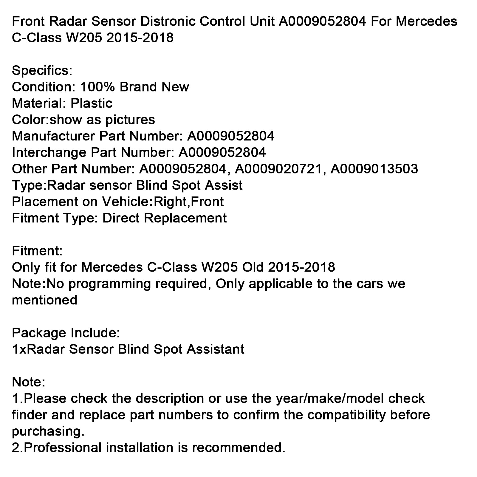 Mercedes C-Klasse 2015-2018 W205 Oude frontradarsensorbesturingseenheid A0009052804 A0009020721