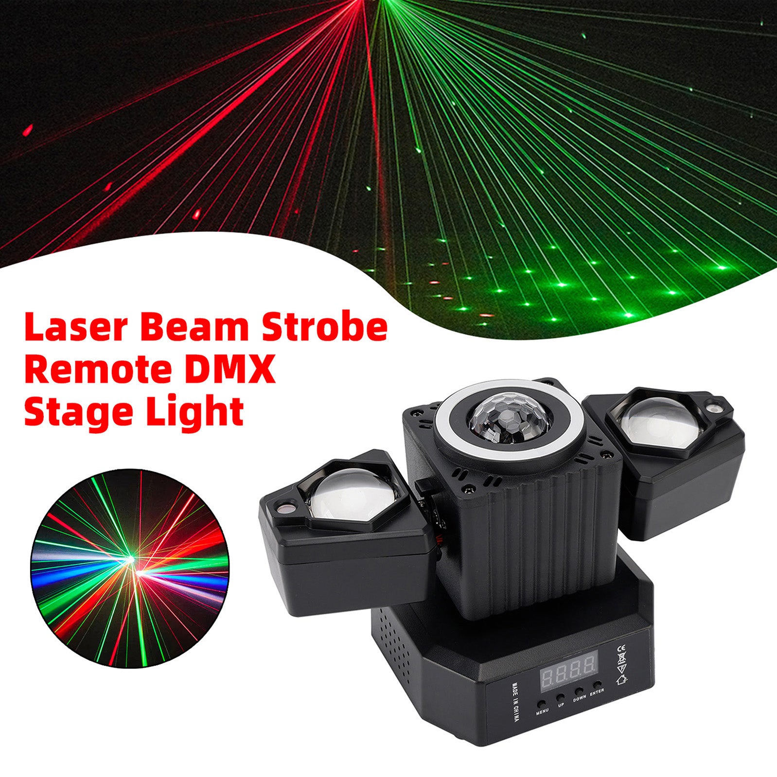 Rörligt huvudljus Roterande Disco Ball Laser Beam Strobe Remote DMX Stage Light