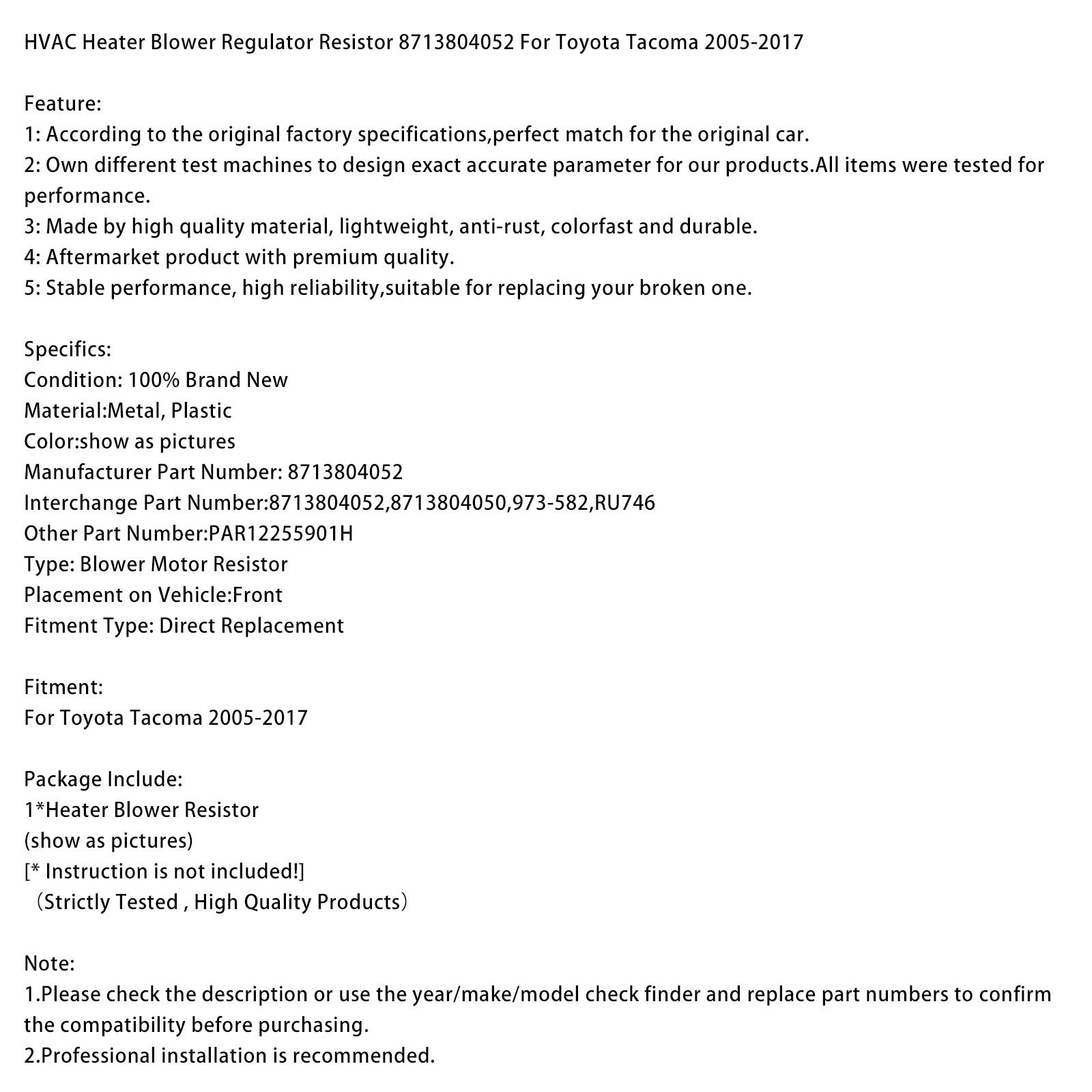 2005-2017 Toyota Tacoma HVAC Heater Blower Regulator Resistor 8713804052