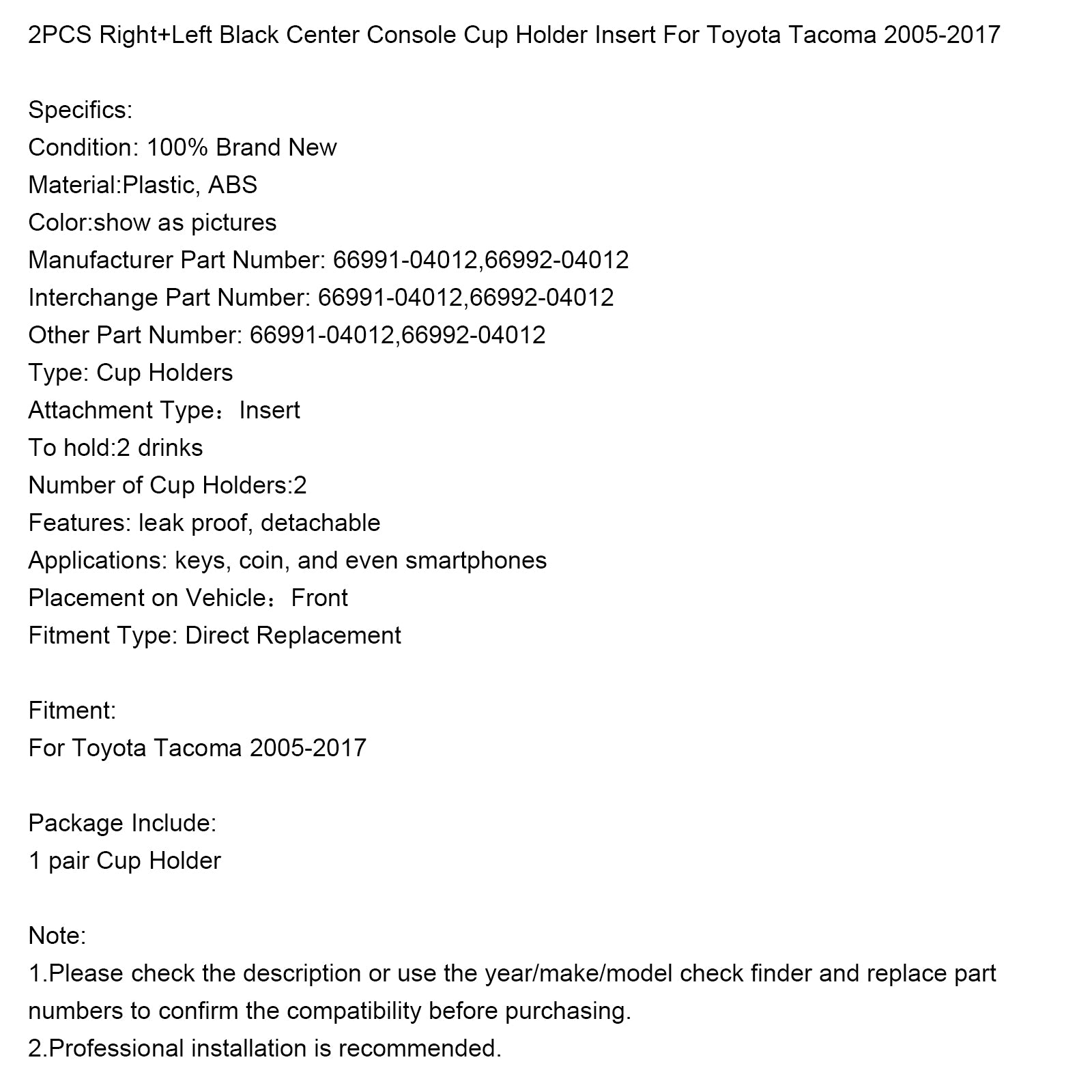 2005-2017 Toyota Tacoma 2 STUKS Rechts + Links Zwart Middenconsole Bekerhouder Insert