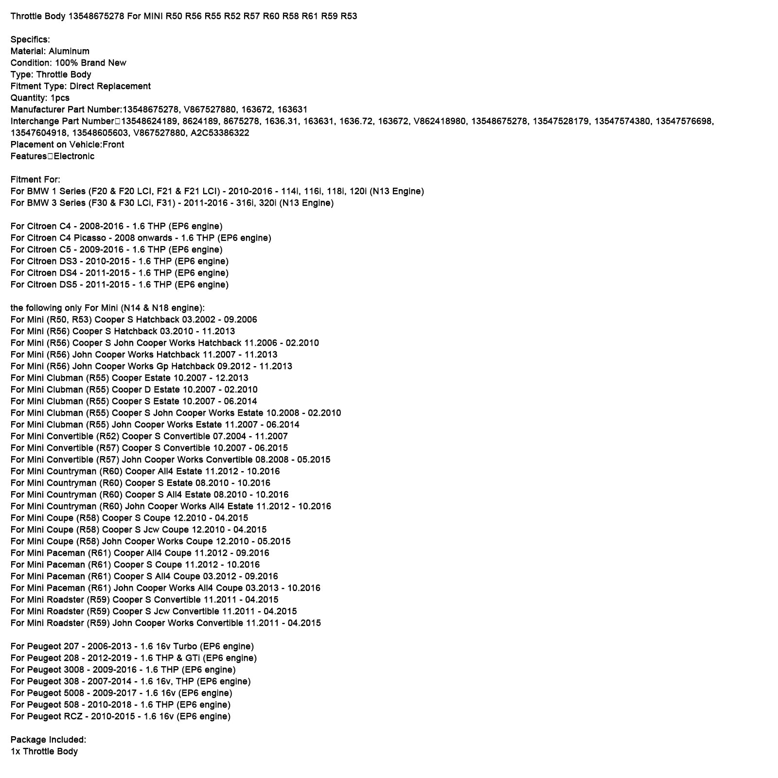 Gasreglage 13548675278 för mini R50 R56 R55 R52 R57 R60 R58 R61 R59 R53
