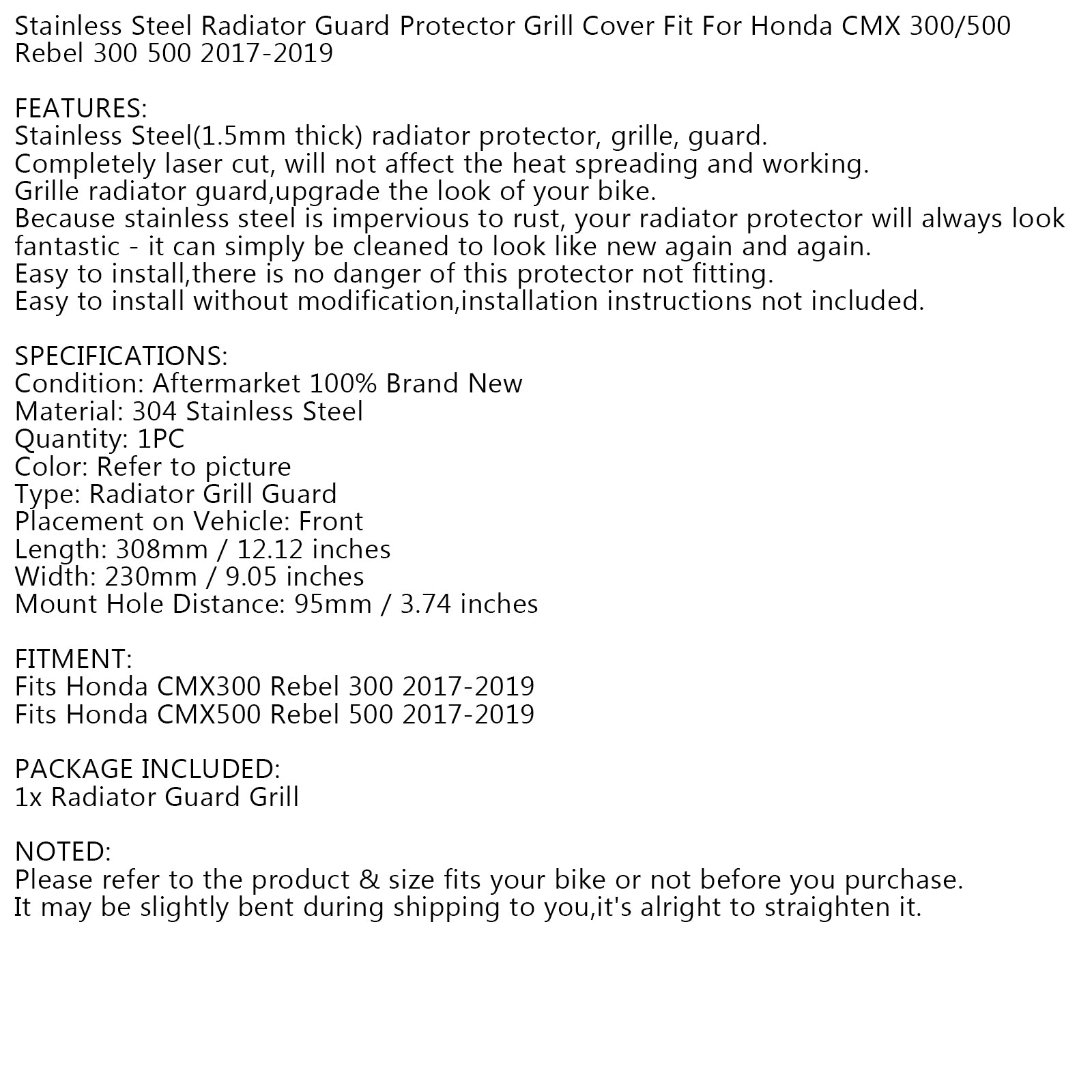 2017-2024 Honda CMX 300 500 Rebel BLACK RADIATOR GUARD PROTECTOR COVER GRILLE