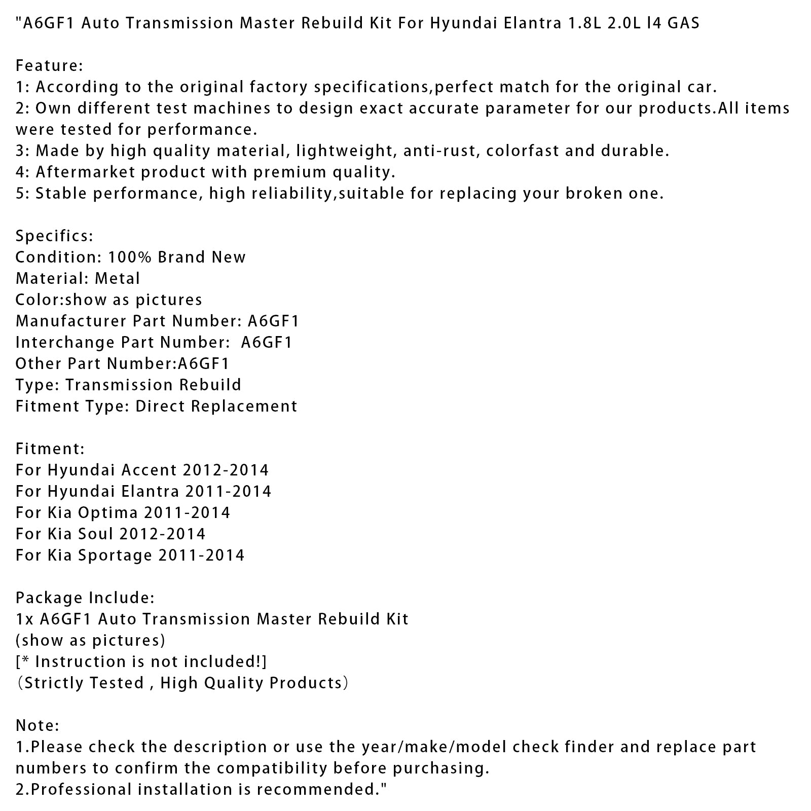 A6GF1 Auto Transmission Master Rebuild Kit for Hyundai Elantra 1.8L 2.0L L4 GAS