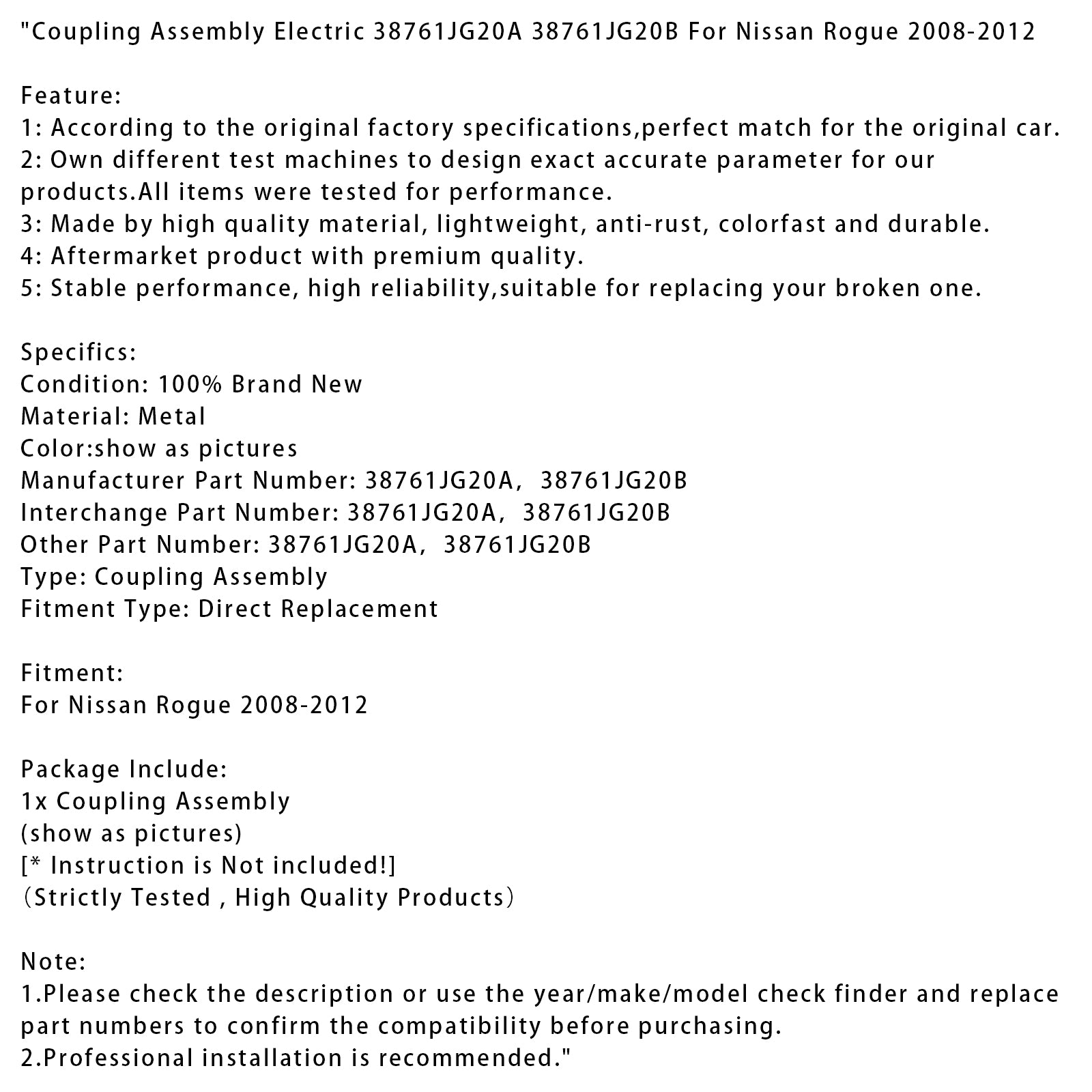 Coupling Assembly Electric 38761JG20A 38761JG20B For Nissan Rogue 2008-2012