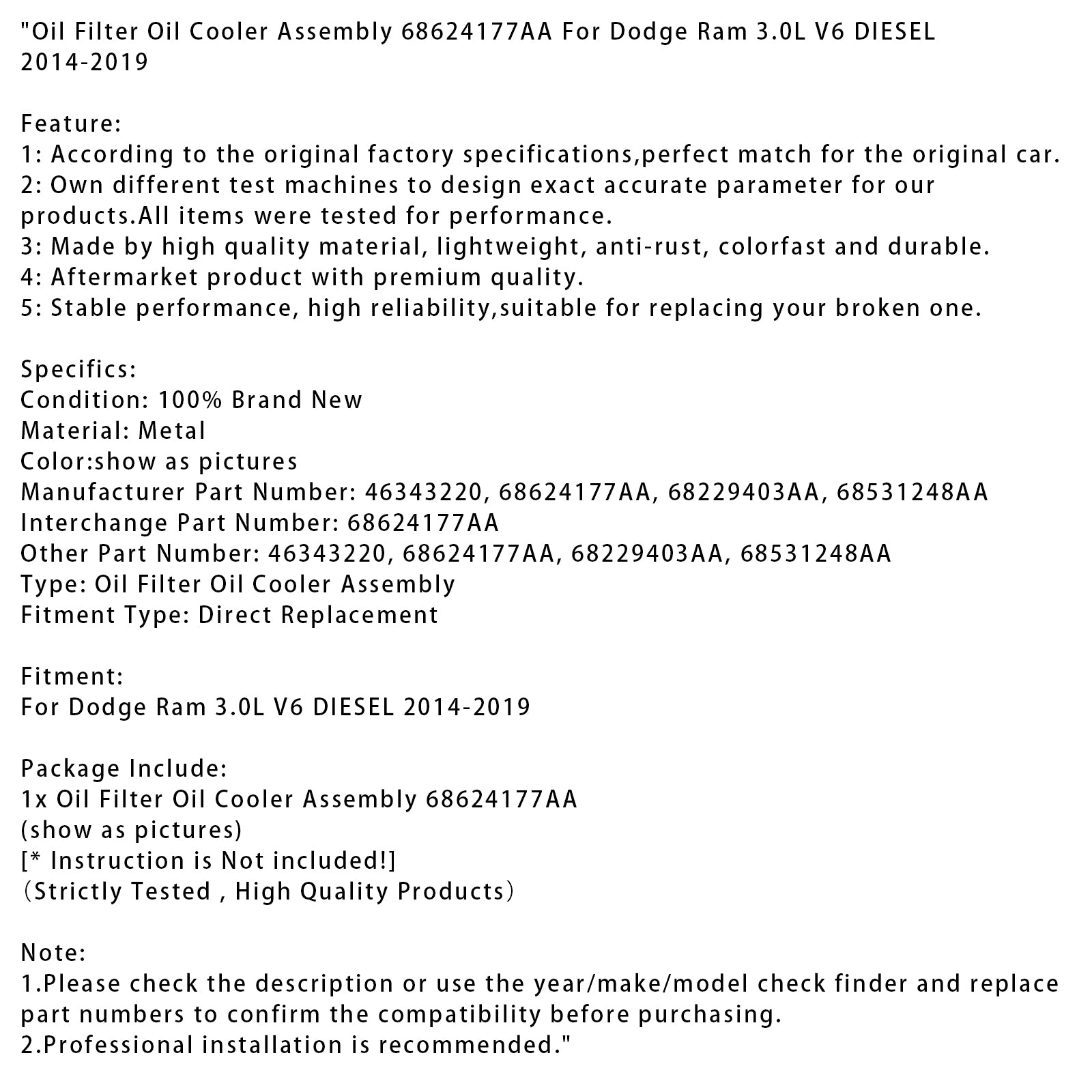 2014-2019 Dodge Ram 3.0L V6 DIESEL Oil Filter Oil Cooler Assembly 68624177AA