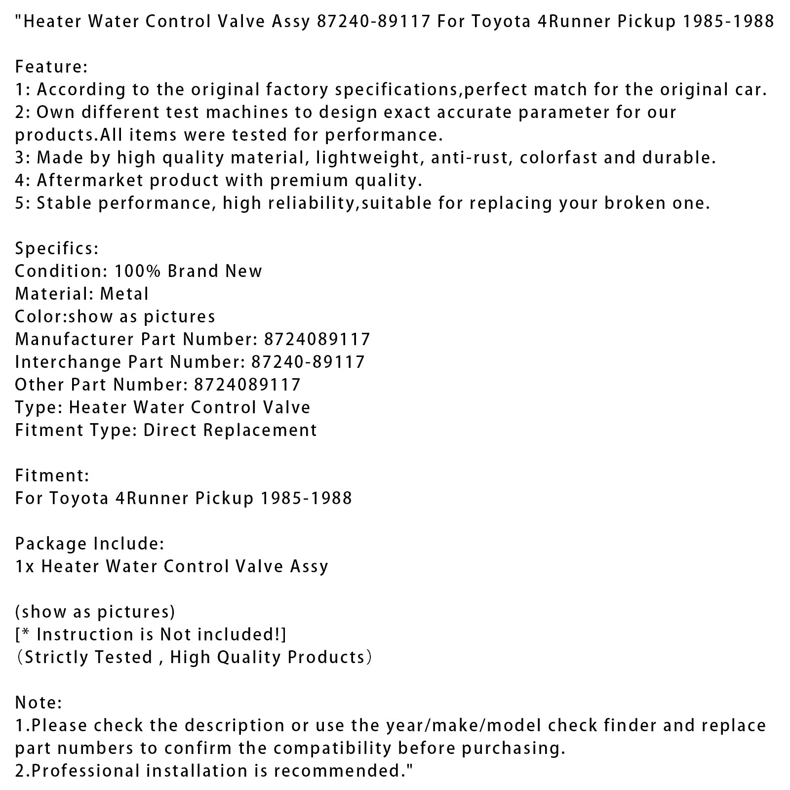 1985-1988 Toyota 4Runner Pickup Heater Water Control Valve Assy 87240-89117 8724089117