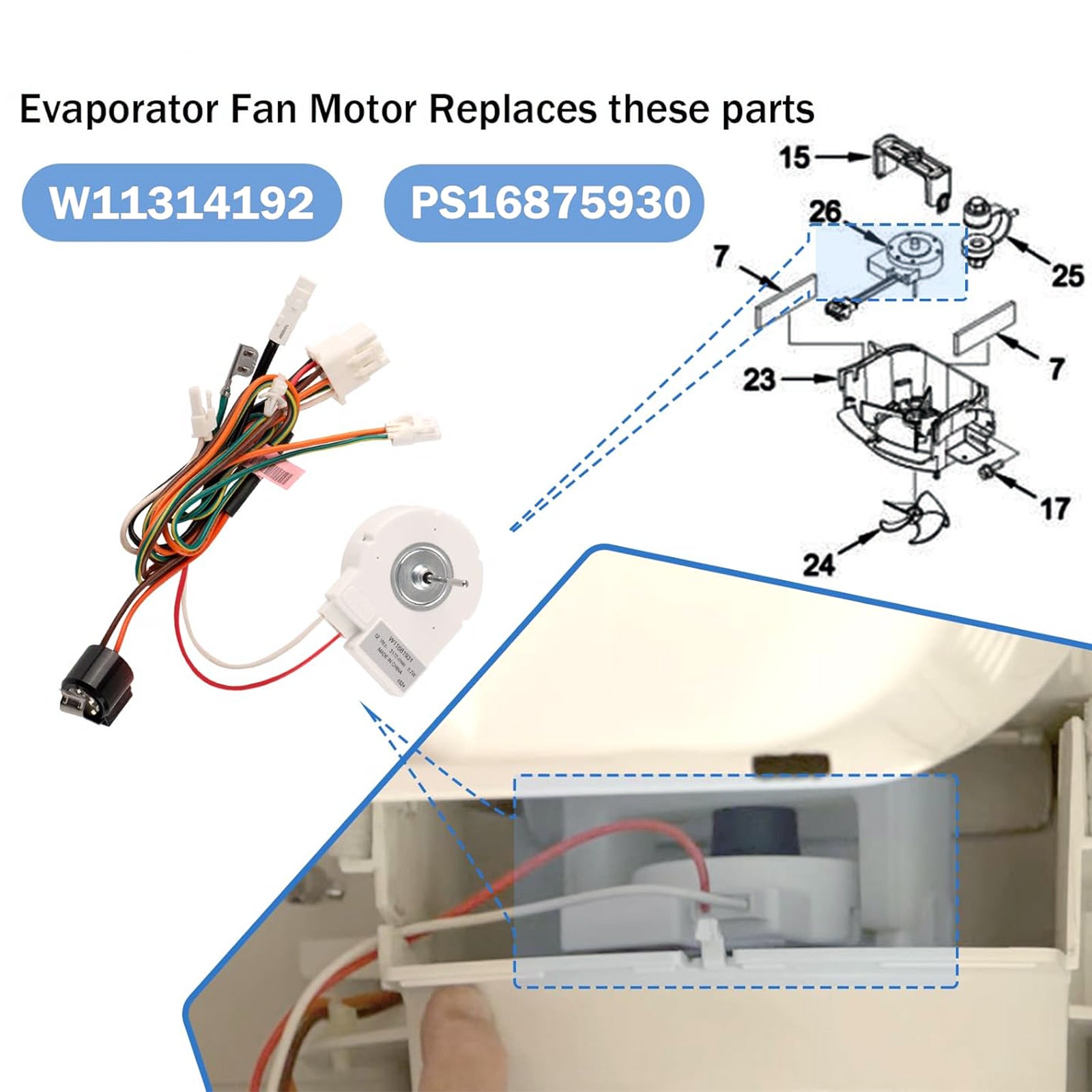 W11661931 W11314192 Moteur de ventilateur d'évaporateur de réfrigérateur Maytag PS16875930