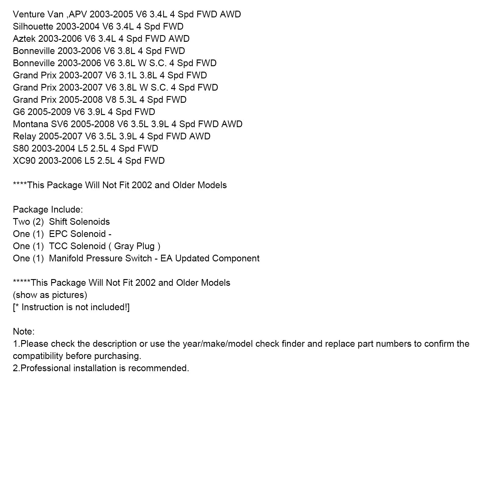 2005-2007 Relay V6 3,5L 3,9L 4 SPD FWD AWD 4T65E Kit de solénoïde de transmission TCC 2 Shift EPC Switch