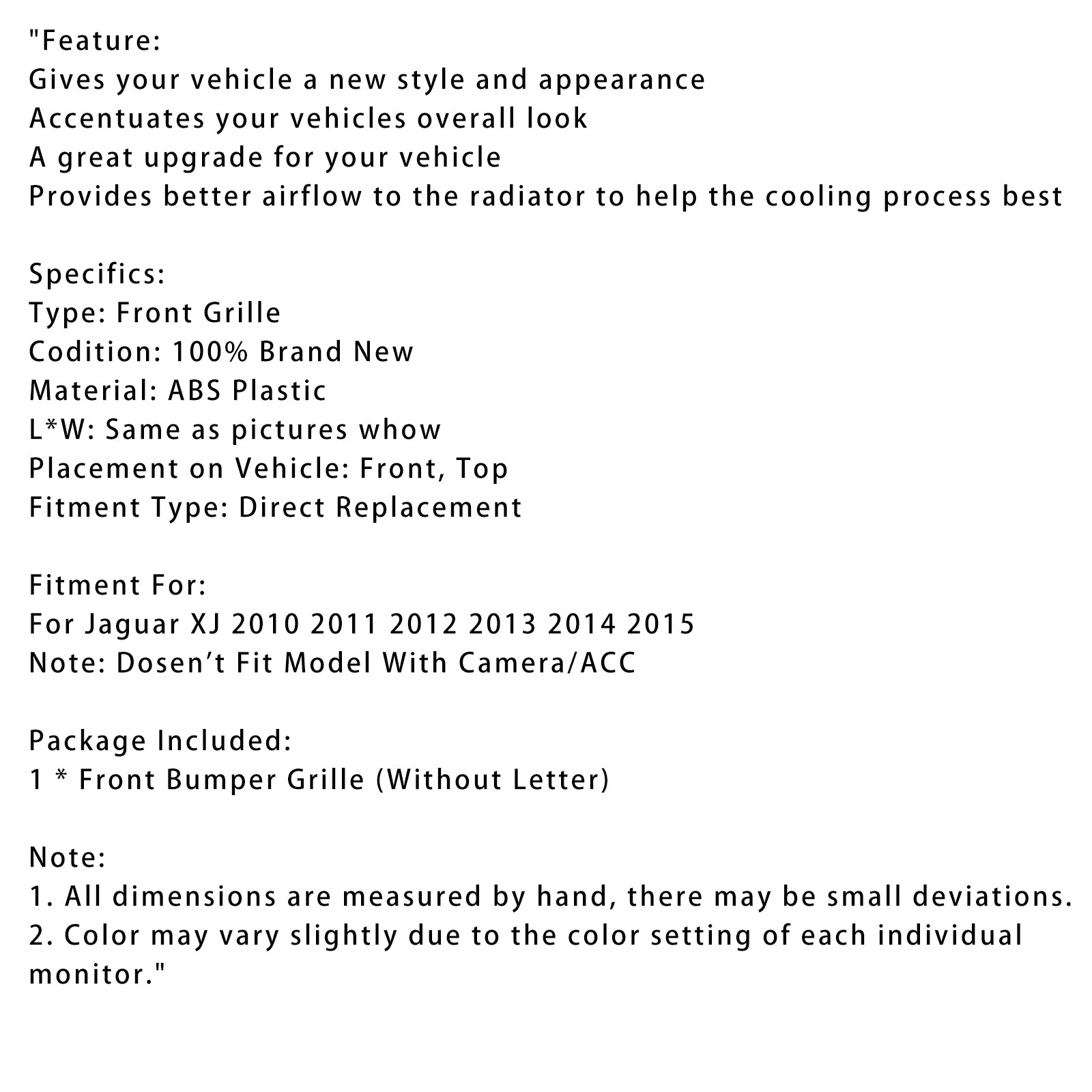 2010-2015 Jaguar XJ Chrome Front Bumper Grill Grille